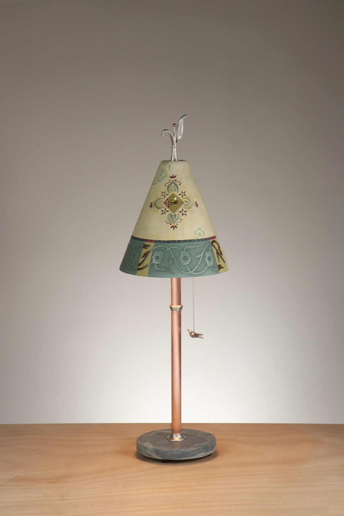 Janna Ugone &amp; Co Table Lamps Copper Table Lamp with Small Conical Ceramic Shade in Pomegranate Ribbon