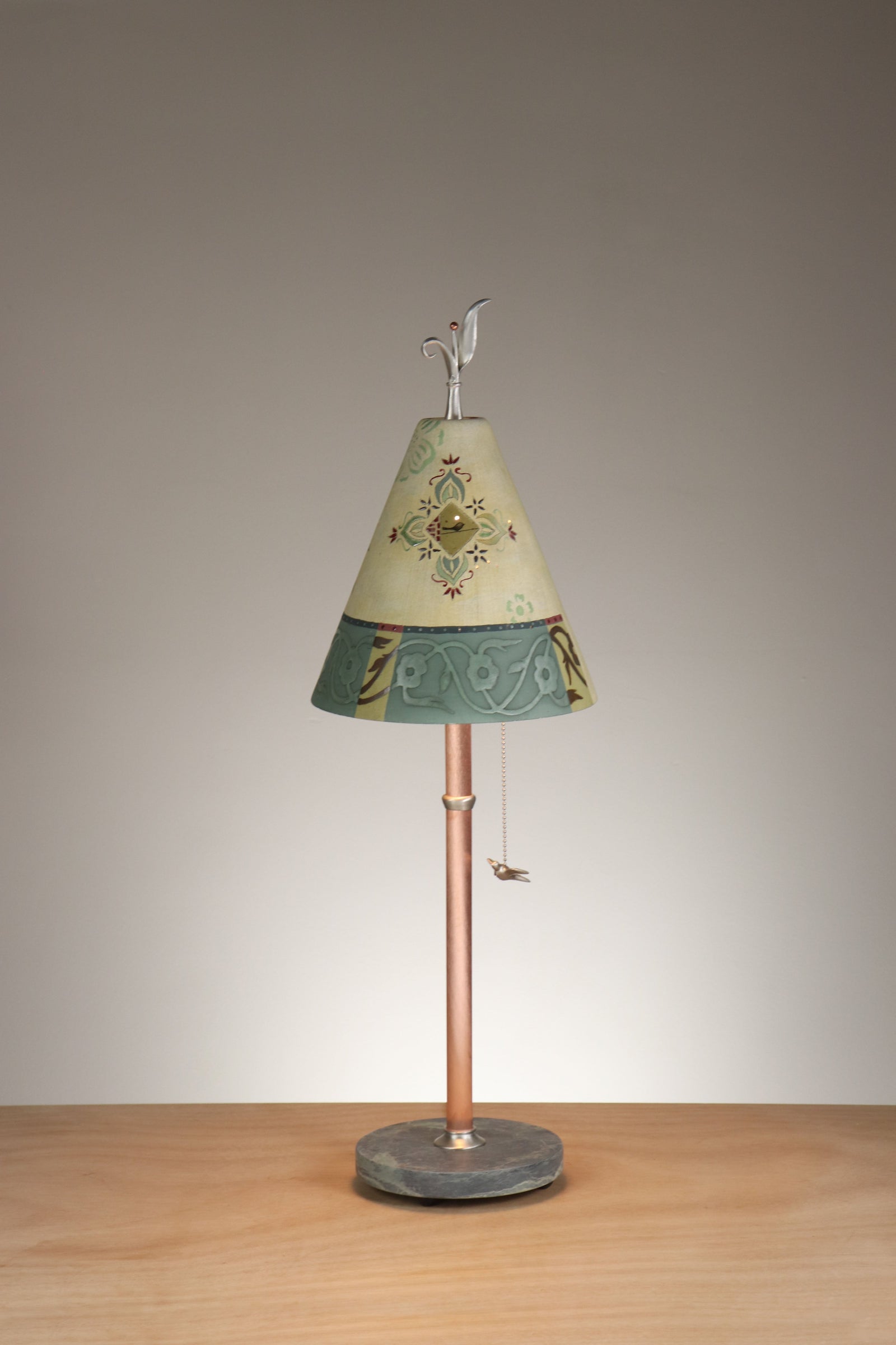 Janna Ugone & Co Table Lamps Copper Table Lamp with Small Conical Ceramic Shade in Pomegranate Ribbon