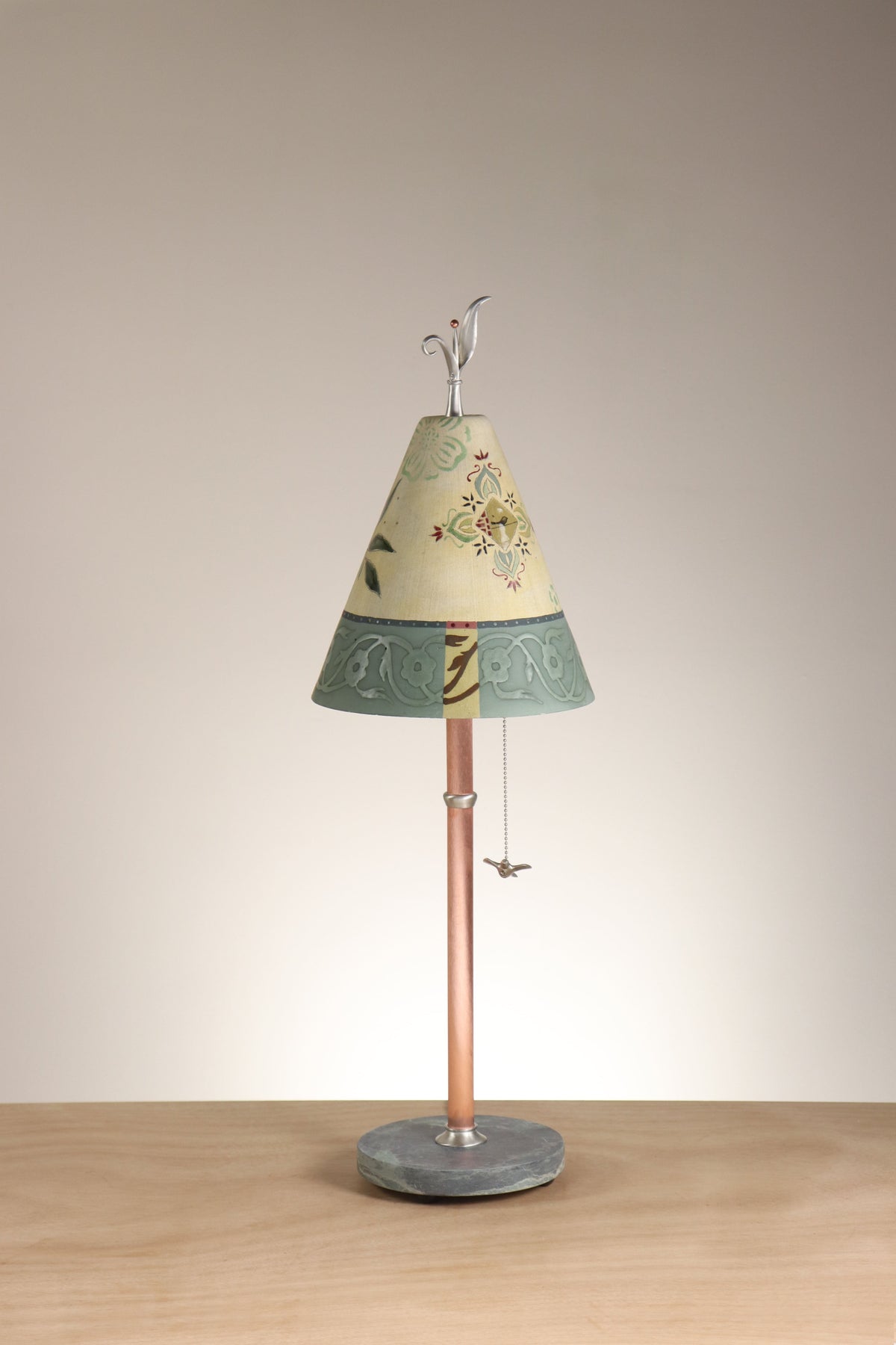 Janna Ugone &amp; Co Table Lamps Copper Table Lamp with Small Conical Ceramic Shade in Pomegranate Ribbon