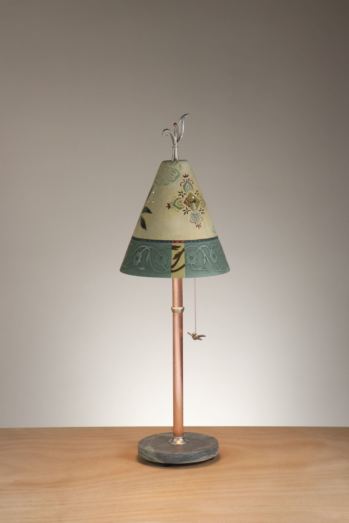 Janna Ugone &amp; Co Table Lamps Copper Table Lamp with Small Conical Ceramic Shade in Pomegranate Ribbon