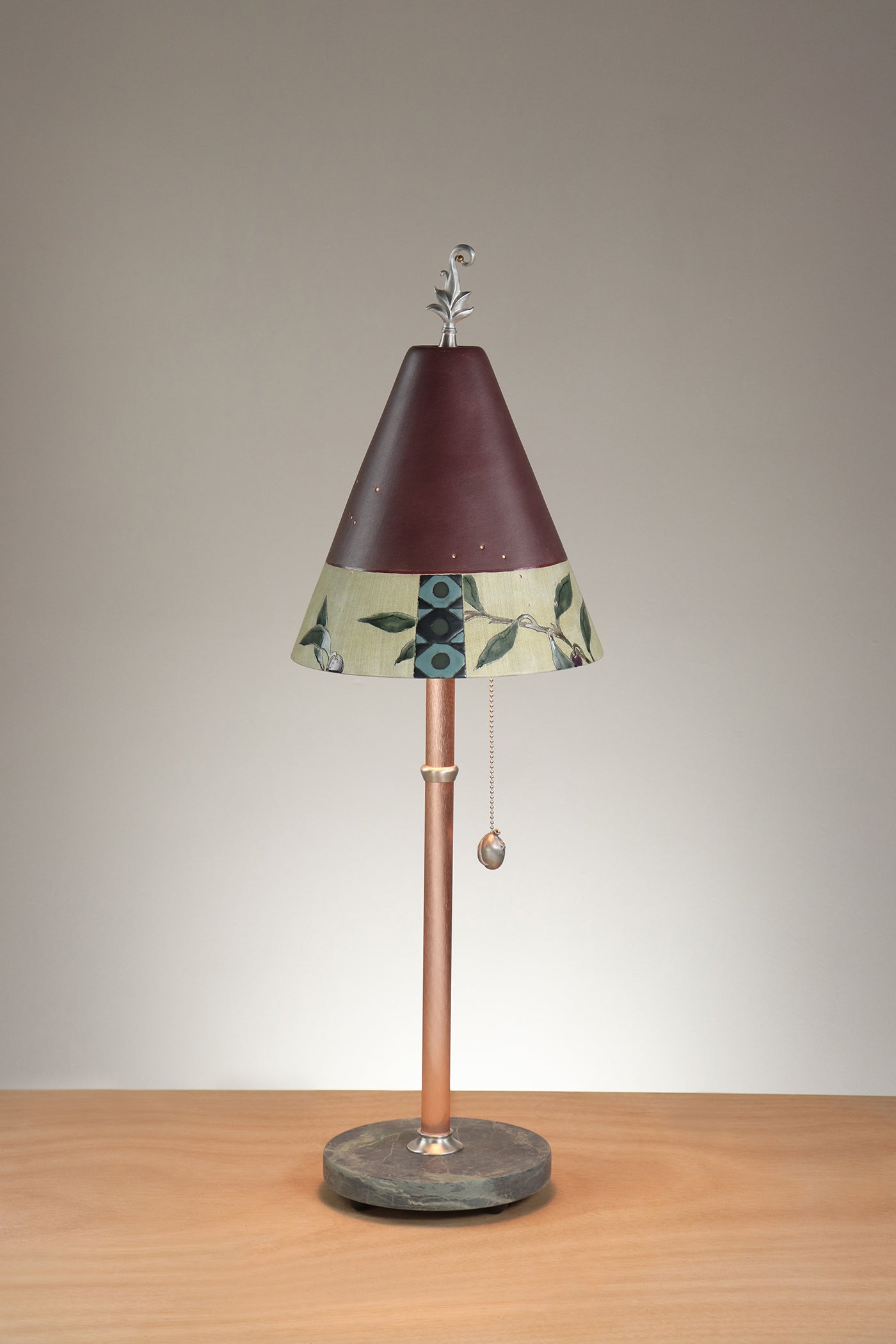 Janna Ugone & Co Table Lamp Copper Table Lamp with Small Conical Ceramic Shade in Tuscan Border in Wine