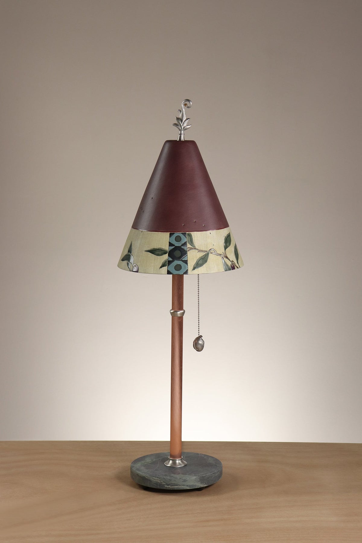 Janna Ugone &amp; Co Table Lamp Copper Table Lamp with Small Conical Ceramic Shade in Tuscan Border in Wine