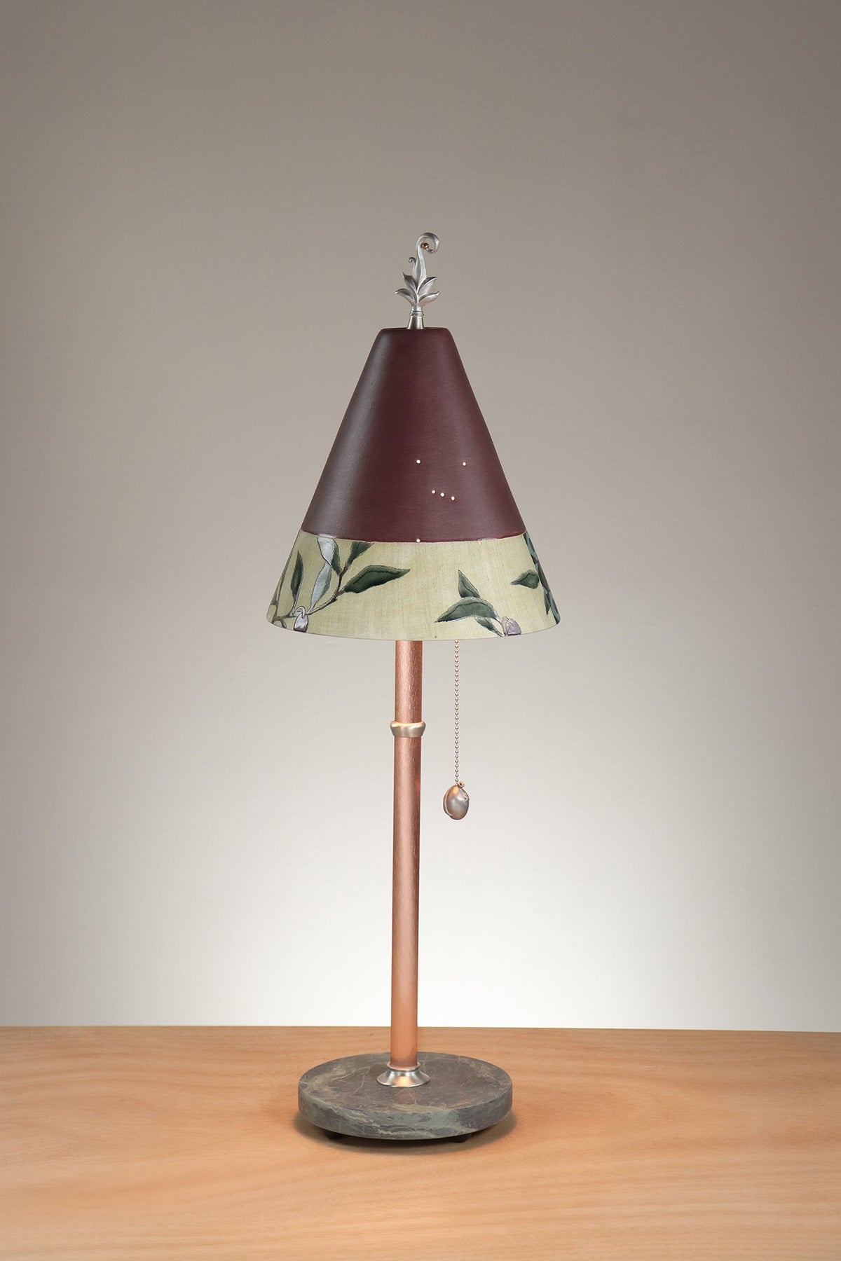 Janna Ugone &amp; Co Table Lamp Copper Table Lamp with Small Conical Ceramic Shade in Tuscan Border in Wine