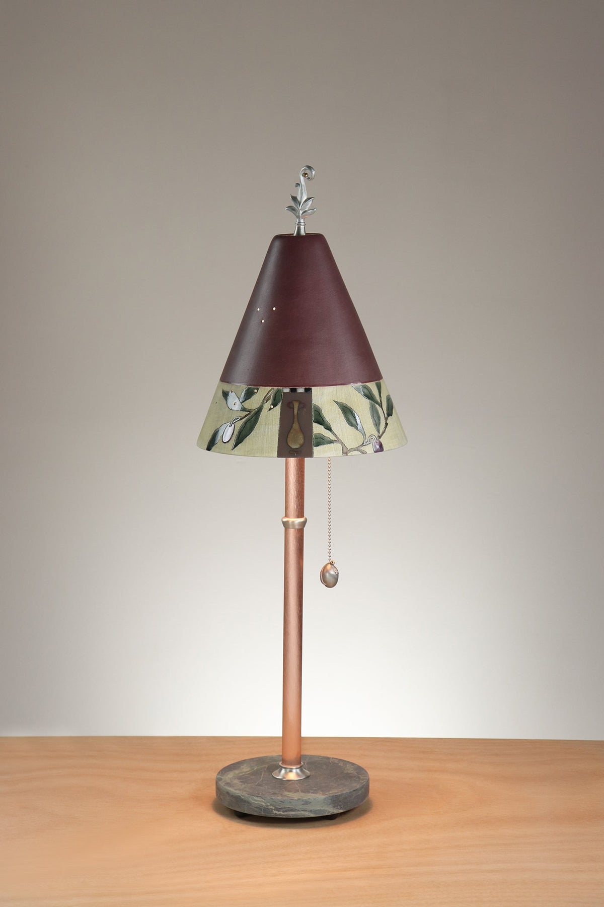 Janna Ugone &amp; Co Table Lamp Copper Table Lamp with Small Conical Ceramic Shade in Tuscan Border in Wine