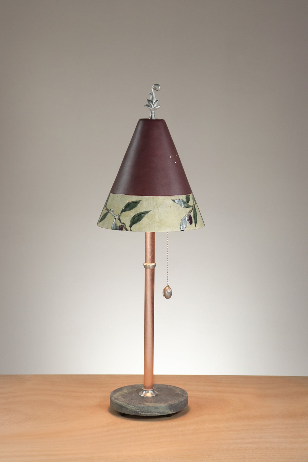 Janna Ugone &amp; Co Table Lamp Copper Table Lamp with Small Conical Ceramic Shade in Tuscan Border in Wine