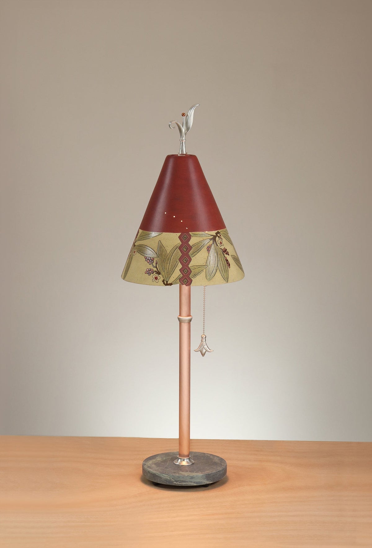 Janna Ugone &amp; Co Table Lamp Copper Table Lamp with Small Conical Ceramic Shade in Woodland Border in Redwood