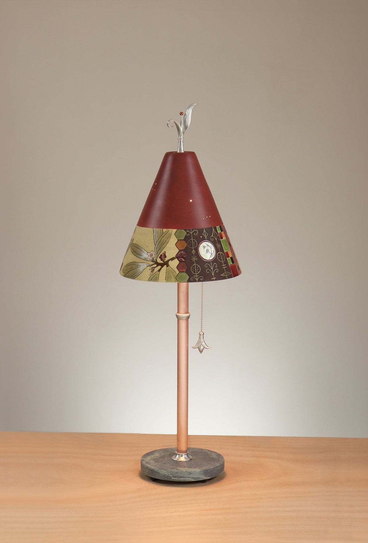 Janna Ugone &amp; Co Table Lamp Copper Table Lamp with Small Conical Ceramic Shade in Woodland Border in Redwood