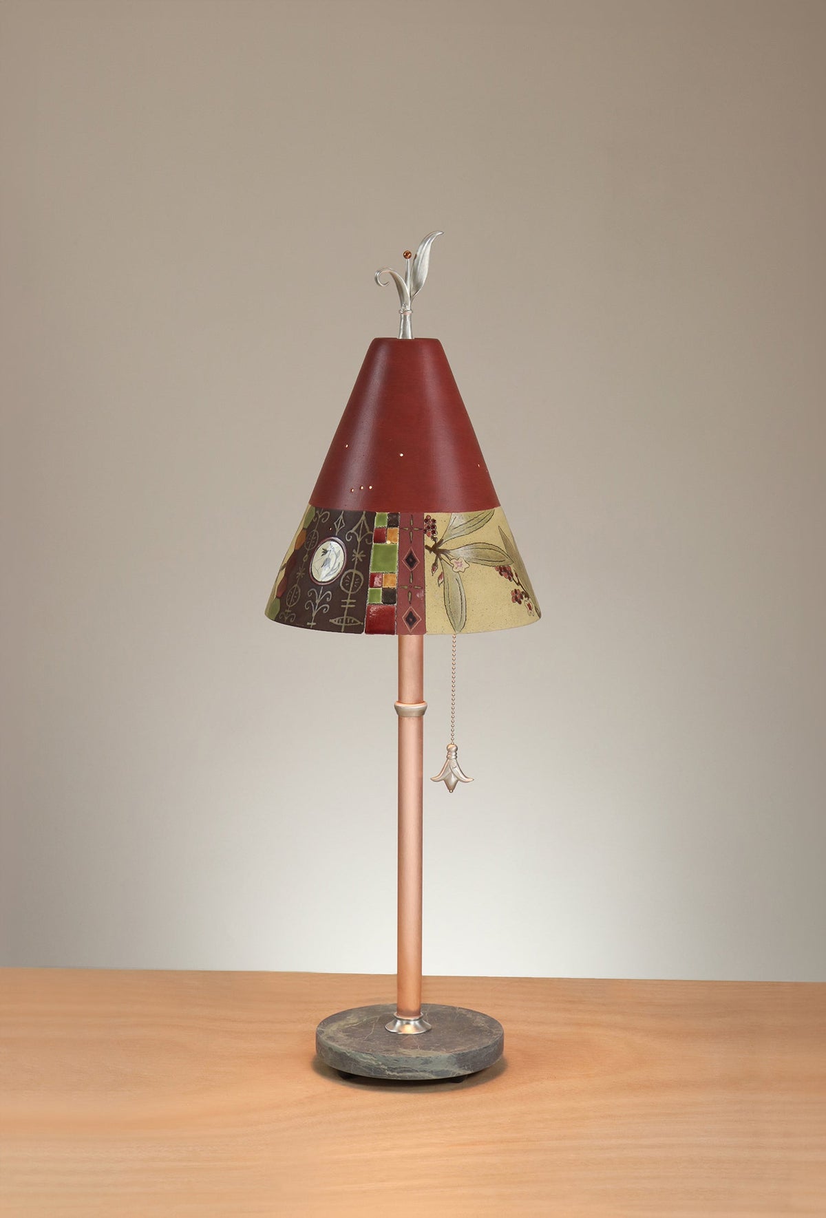 Janna Ugone &amp; Co Table Lamp Copper Table Lamp with Small Conical Ceramic Shade in Woodland Border in Redwood