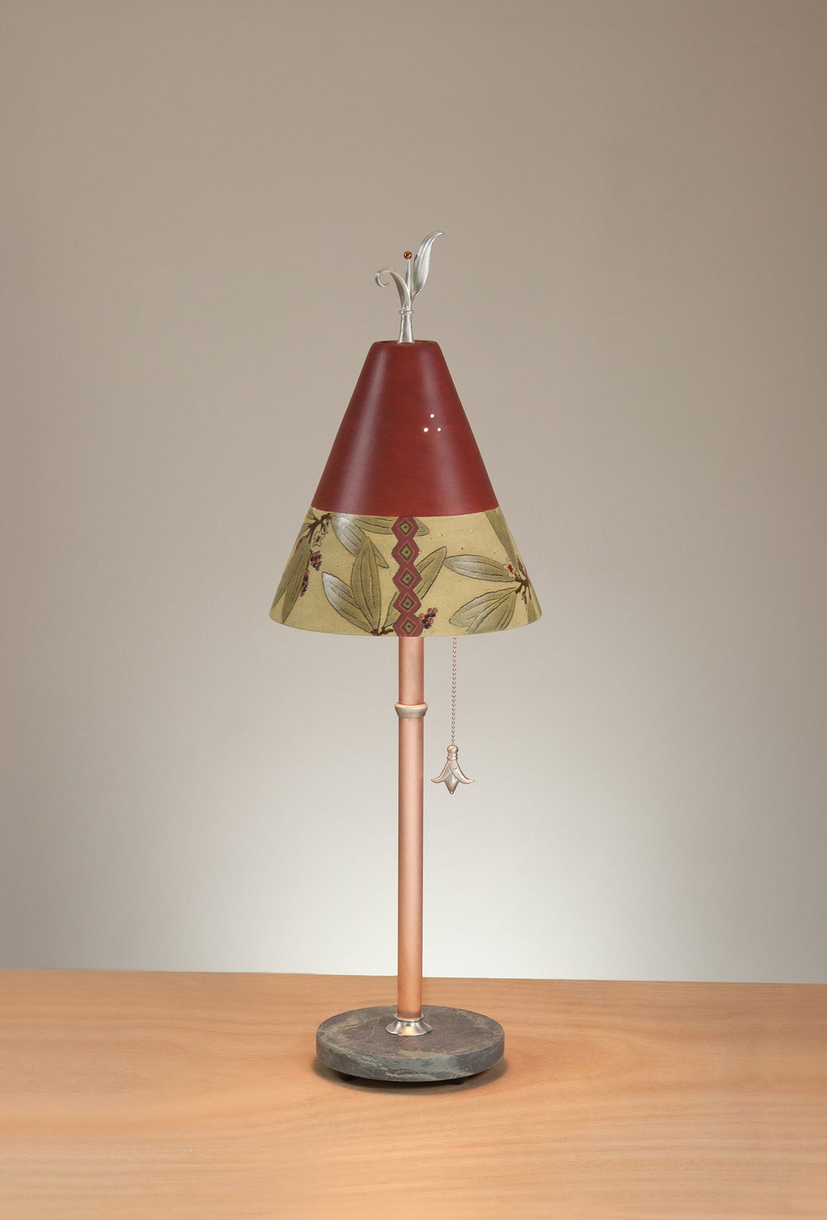 Janna Ugone &amp; Co Table Lamp Copper Table Lamp with Small Conical Ceramic Shade in Woodland Border in Redwood