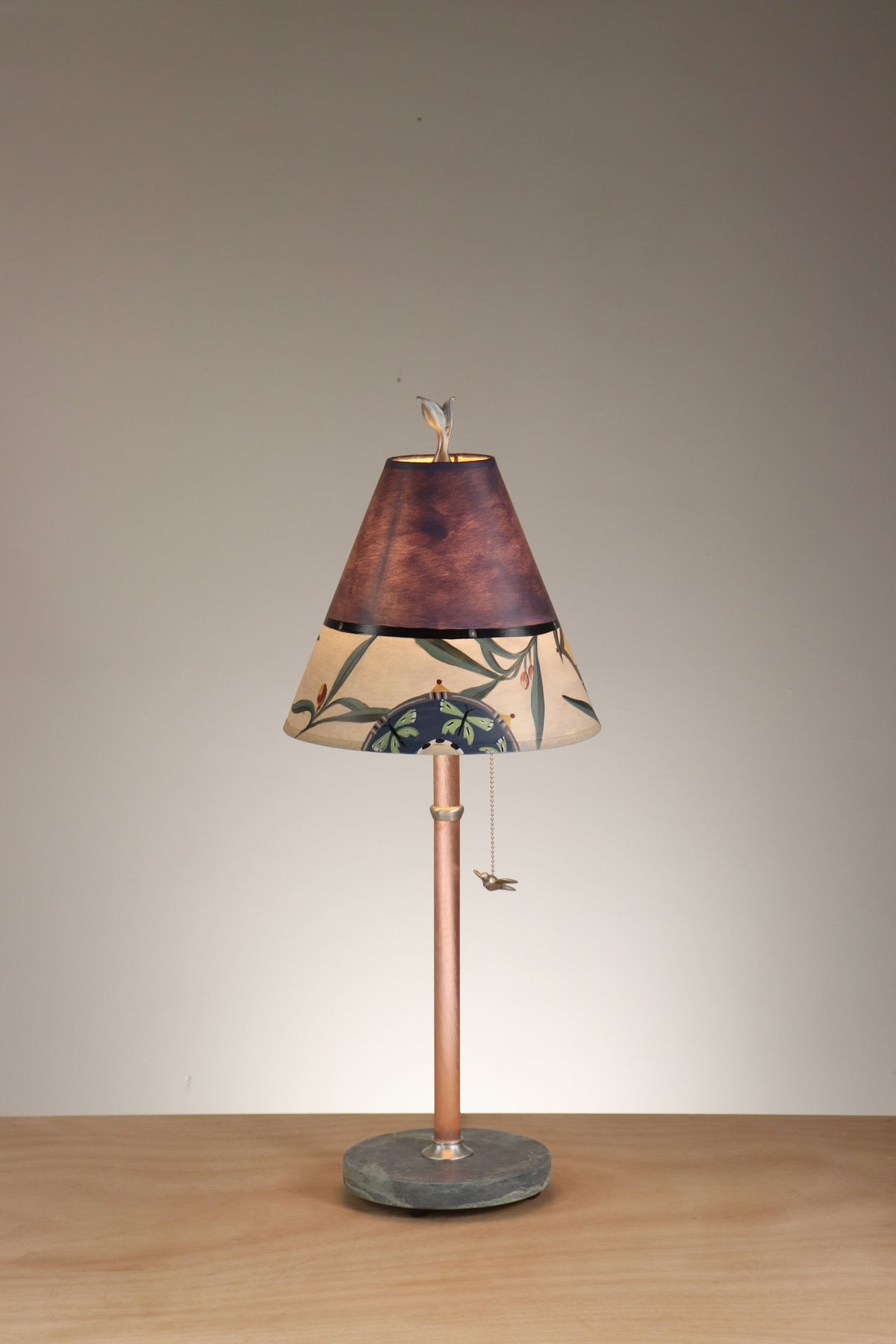 Janna Ugone &amp; Co Table Lamp Copper Table Lamp with Small Conical Shade in Bayleaf Vignette in Sky Blue