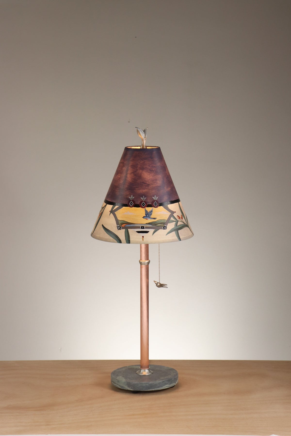 Janna Ugone &amp; Co Table Lamp Copper Table Lamp with Small Conical Shade in Bayleaf Vignette in Sky Blue