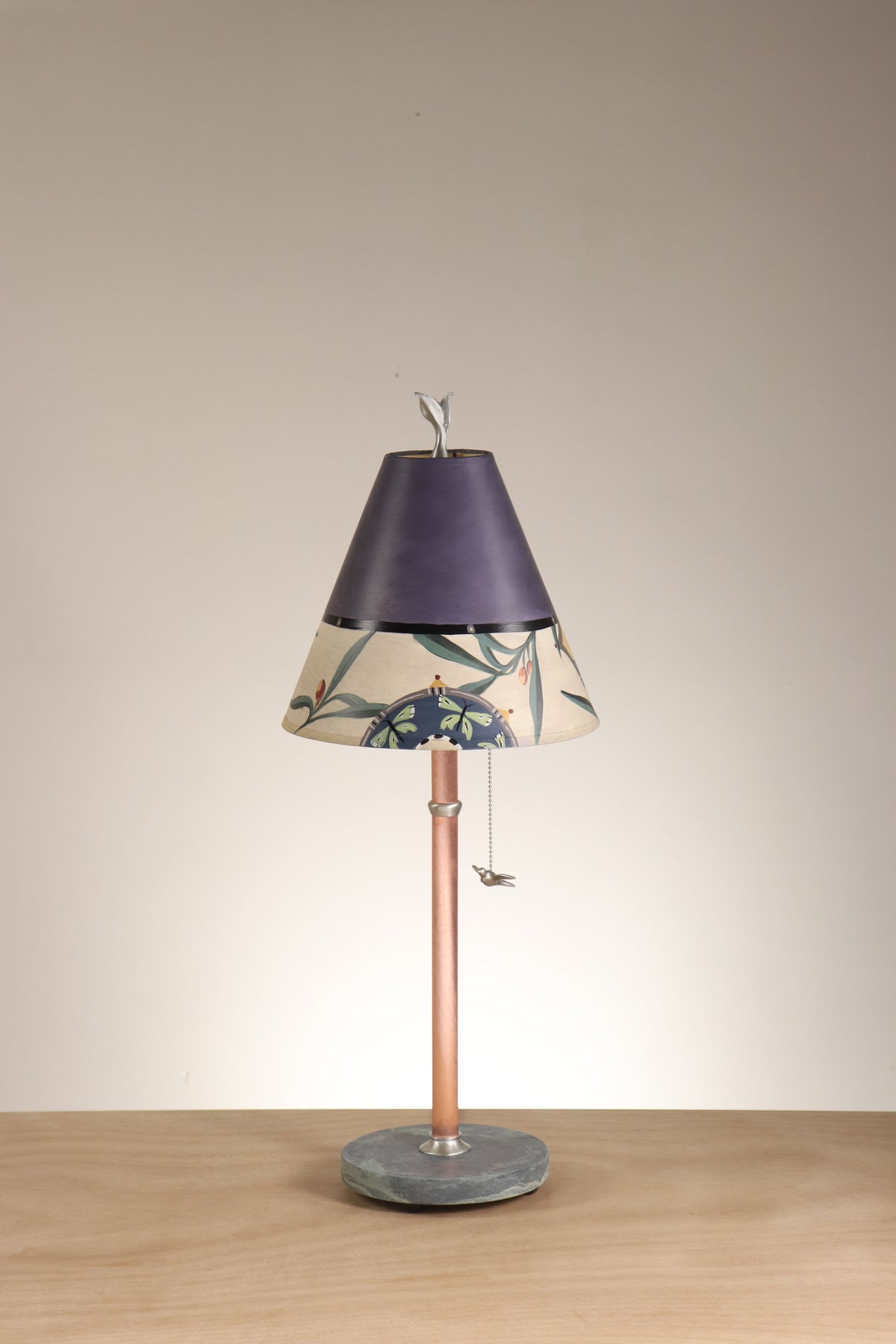 Janna Ugone &amp; Co Table Lamp Copper Table Lamp with Small Conical Shade in Bayleaf Vignette in Sky Blue