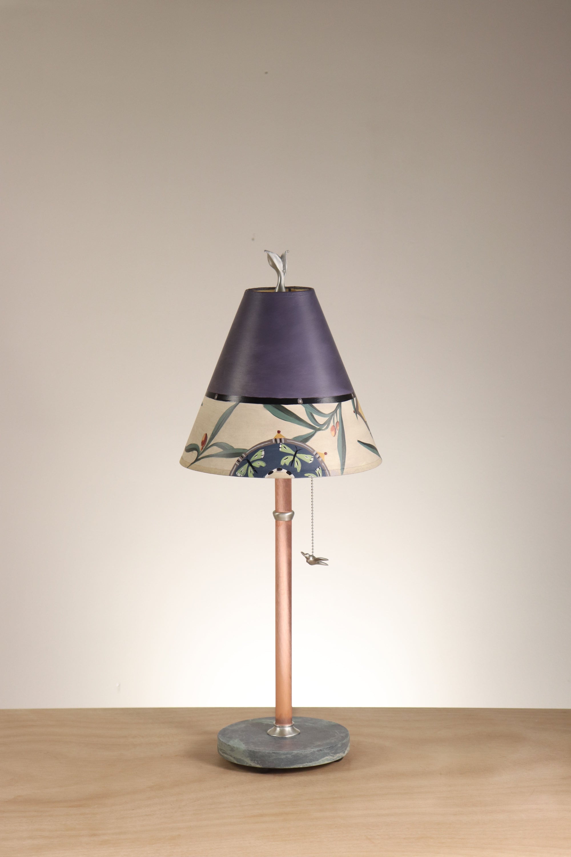 Janna Ugone & Co Table Lamp Copper Table Lamp with Small Conical Shade in Bayleaf Vignette in Sky Blue