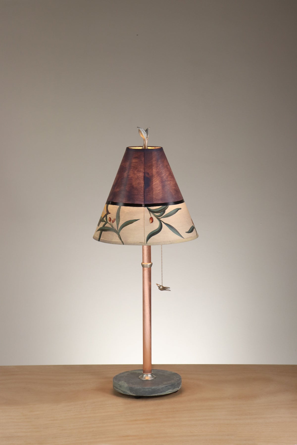 Janna Ugone &amp; Co Table Lamp Copper Table Lamp with Small Conical Shade in Bayleaf Vignette in Sky Blue