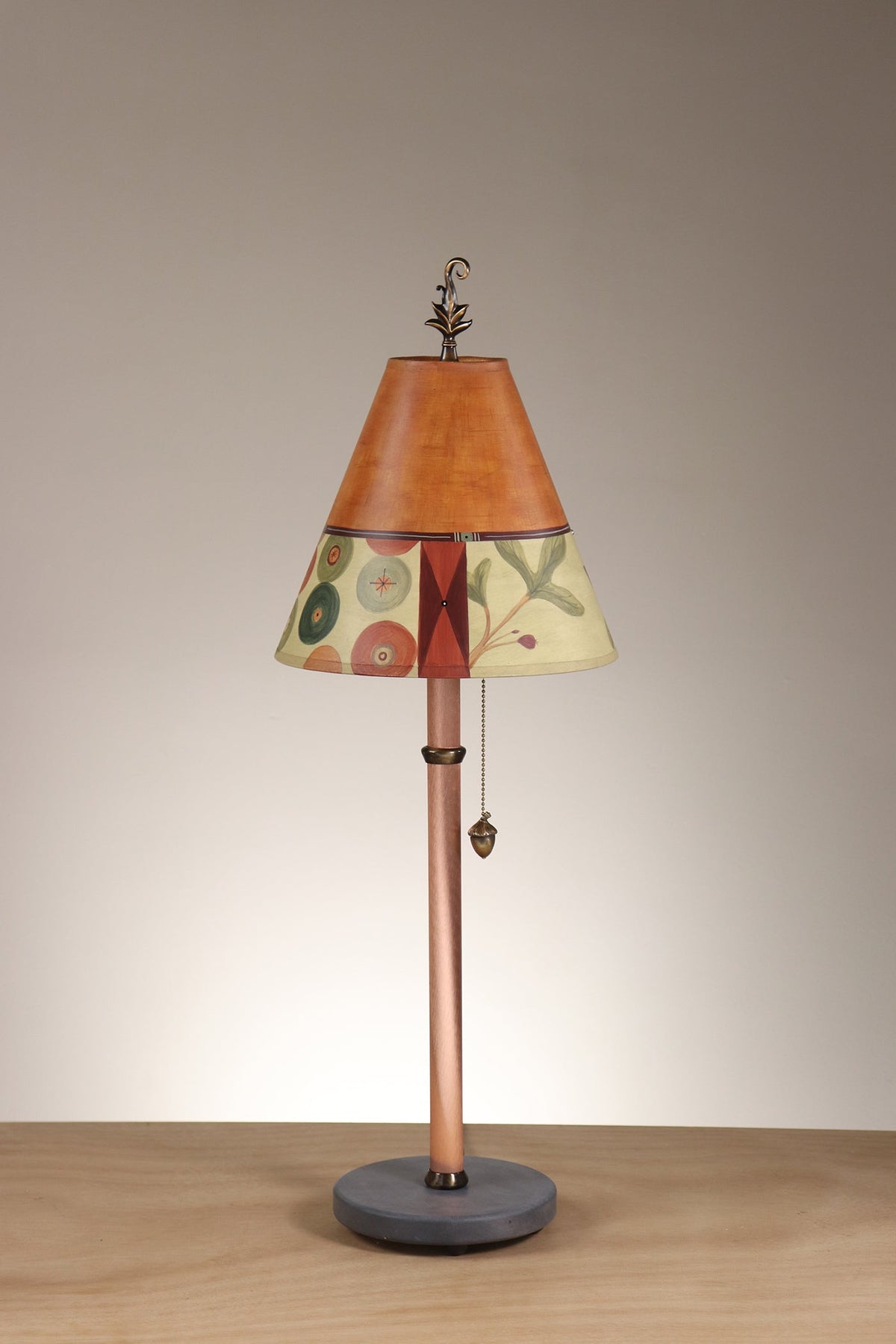 Janna Ugone &amp; Co Table Lamp Copper Table Lamp with Small Conical Shade in Button Collage in Spice Linen