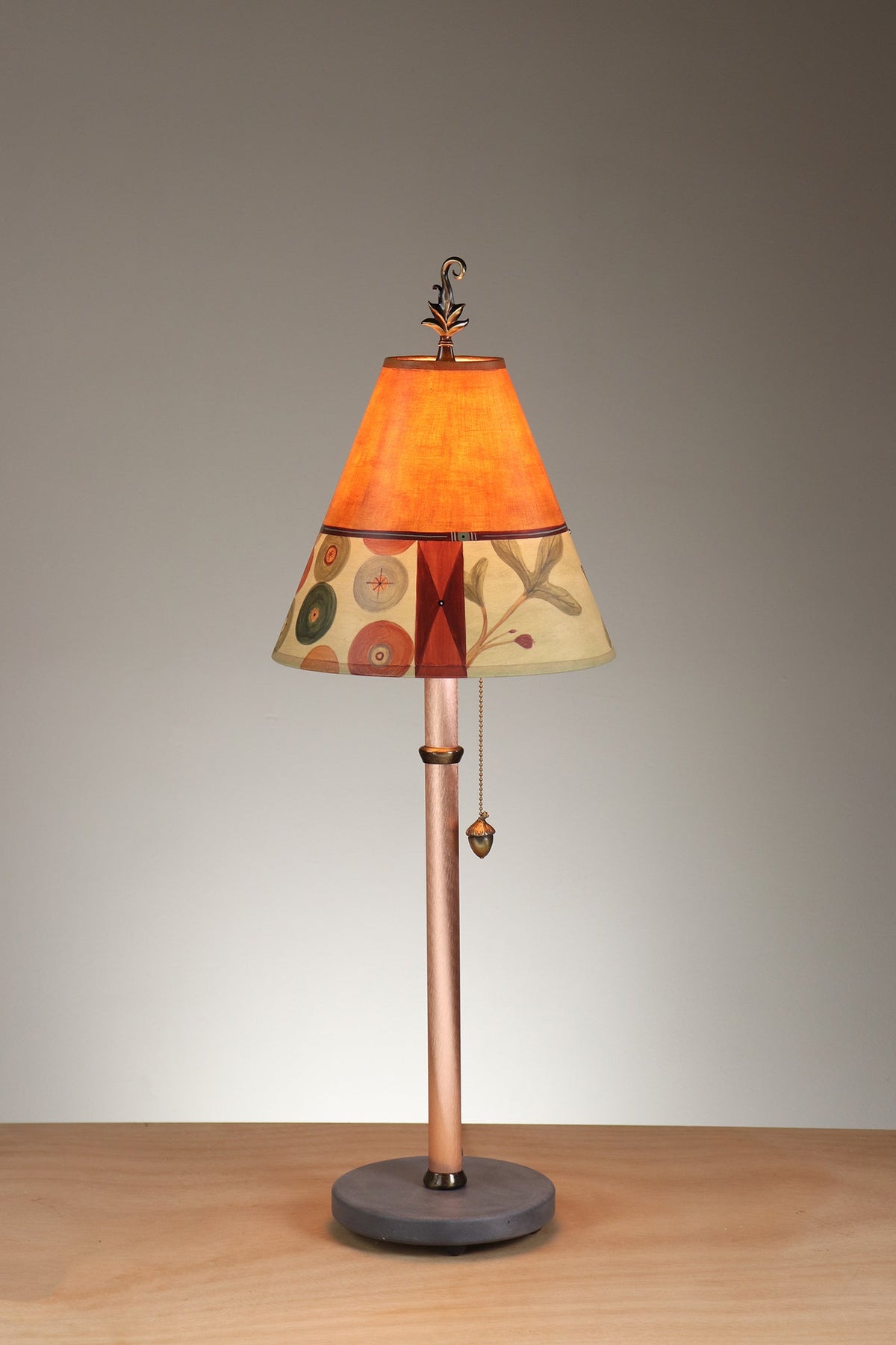 Janna Ugone &amp; Co Table Lamp Copper Table Lamp with Small Conical Shade in Button Collage in Spice Linen