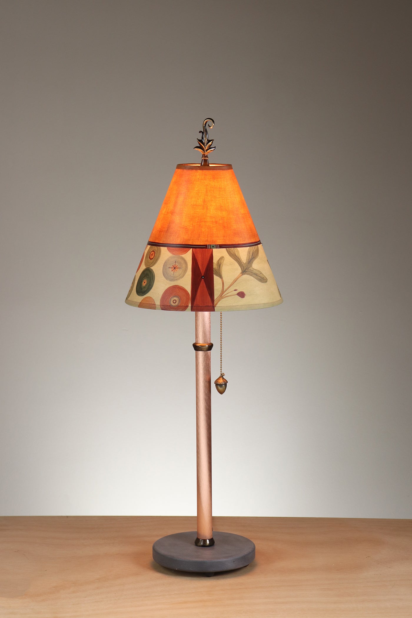 Janna Ugone & Co Table Lamp Copper Table Lamp with Small Conical Shade in Button Collage in Spice Linen