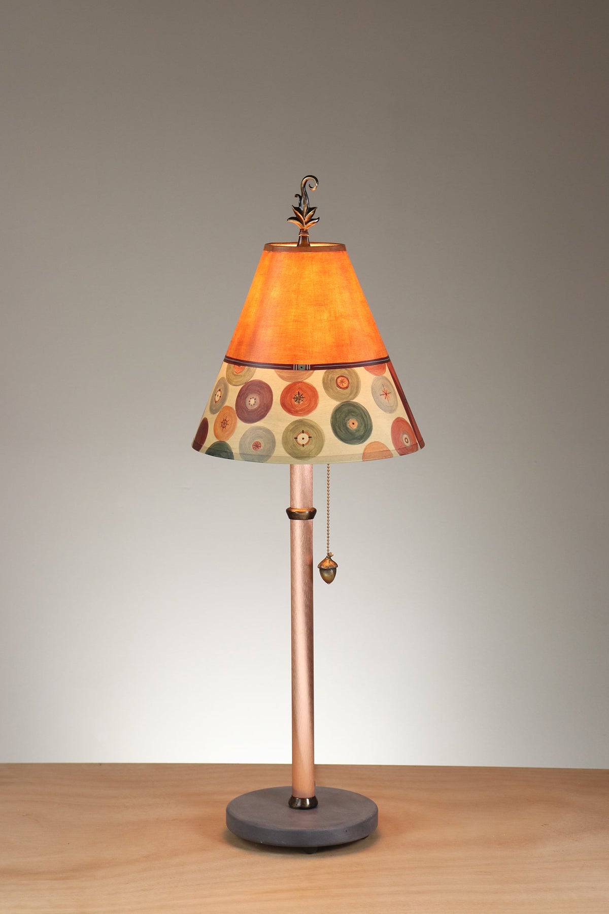 Janna Ugone &amp; Co Table Lamp Copper Table Lamp with Small Conical Shade in Button Collage in Spice Linen