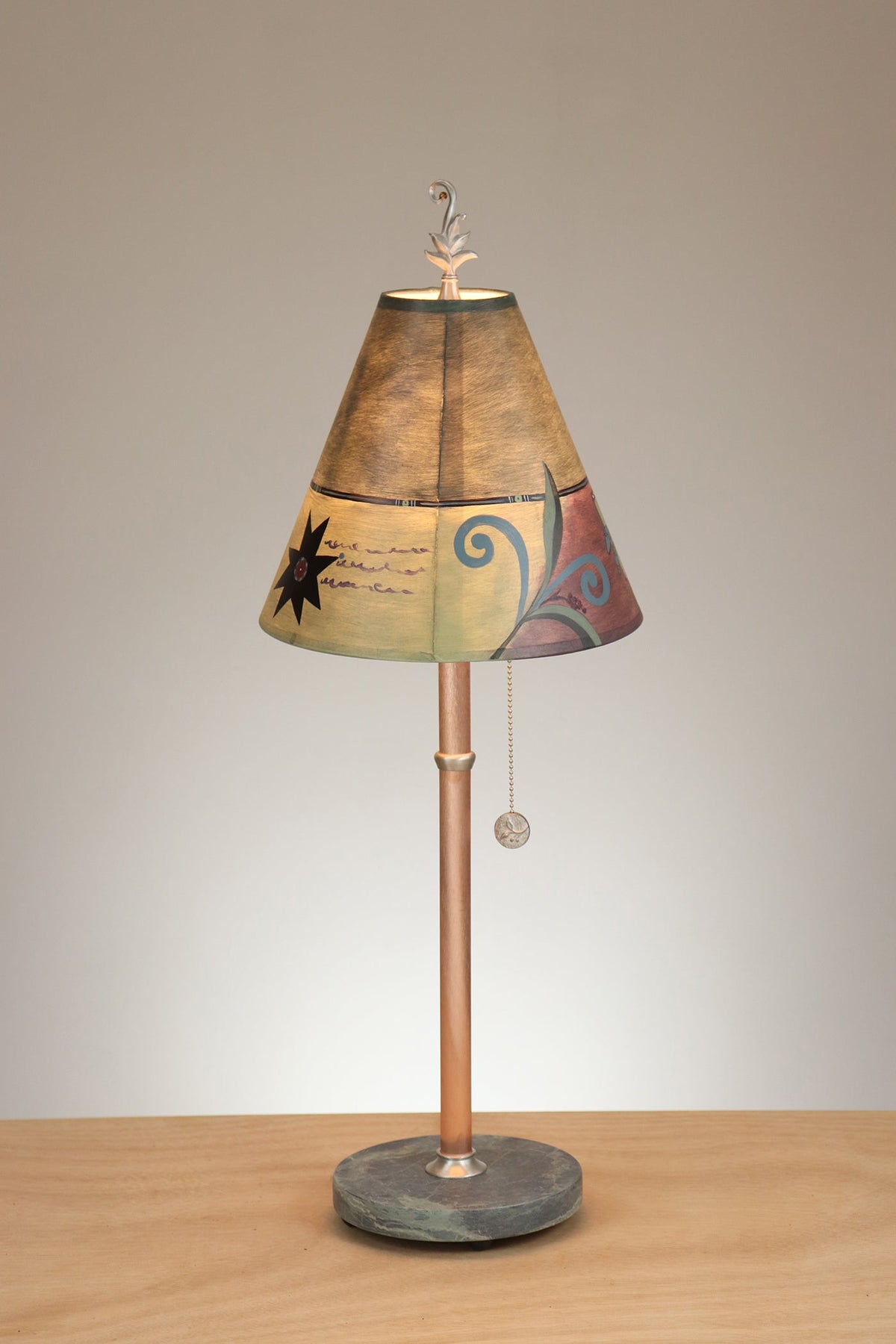 Janna Ugone &amp; Co Copper Table Lamp with Small Conical Shade in Capri Border-Hunter