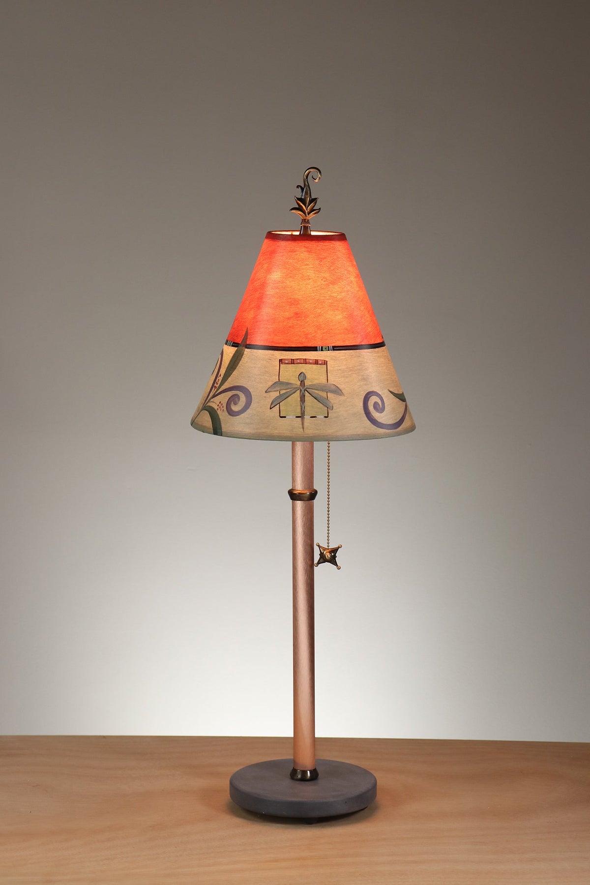 Janna Ugone &amp; Co Table Lamp Copper Table Lamp with Small Conical Shade in Capri Border in Redwood