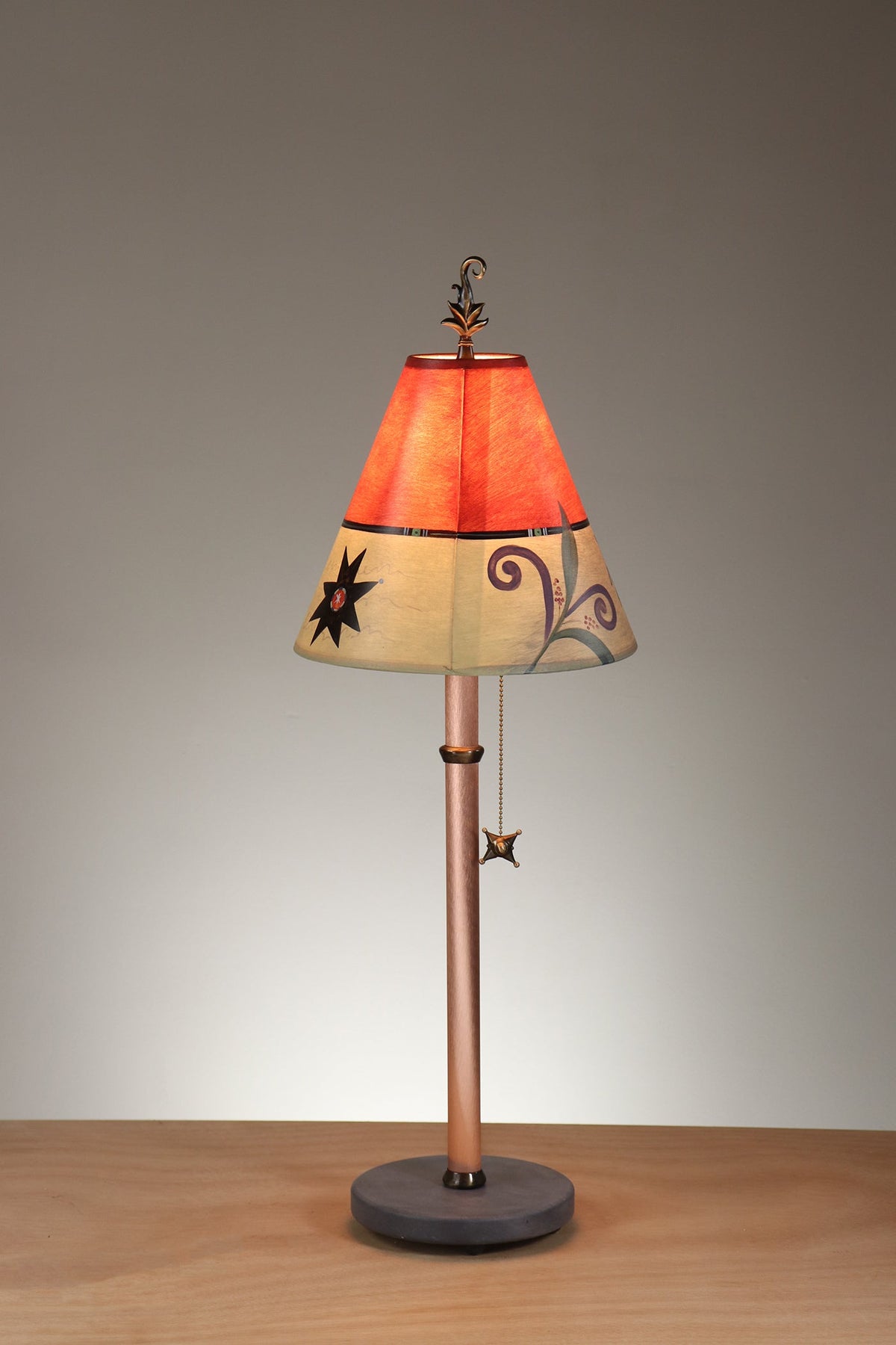 Janna Ugone &amp; Co Table Lamp Copper Table Lamp with Small Conical Shade in Capri Border in Redwood