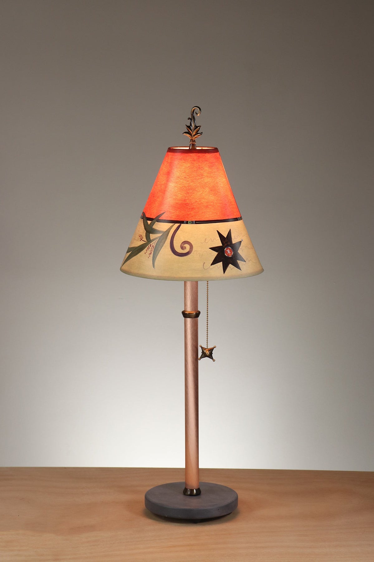 Janna Ugone &amp; Co Table Lamp Copper Table Lamp with Small Conical Shade in Capri Border in Redwood