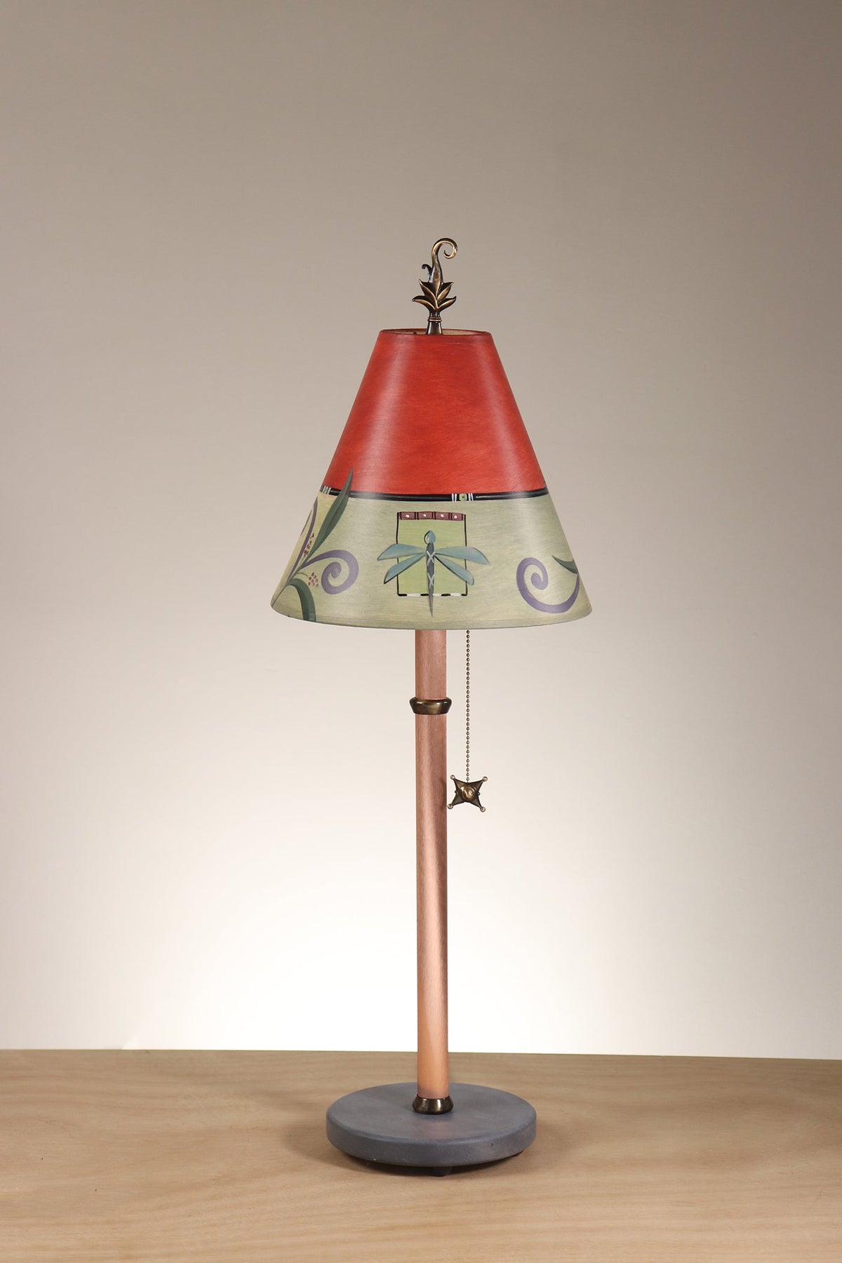 Janna Ugone &amp; Co Table Lamp Copper Table Lamp with Small Conical Shade in Capri Border in Redwood