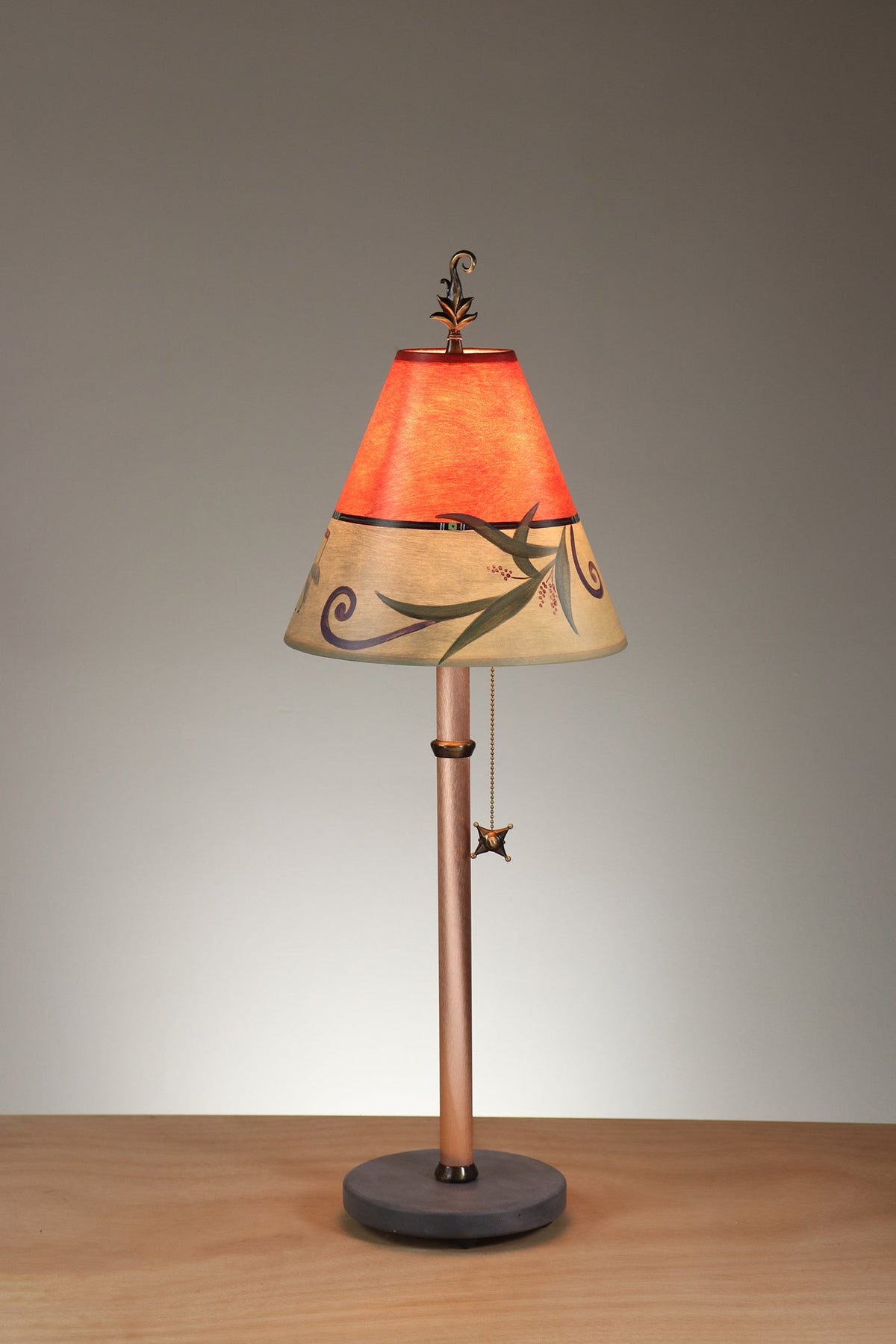 Janna Ugone &amp; Co Table Lamp Copper Table Lamp with Small Conical Shade in Capri Border in Redwood