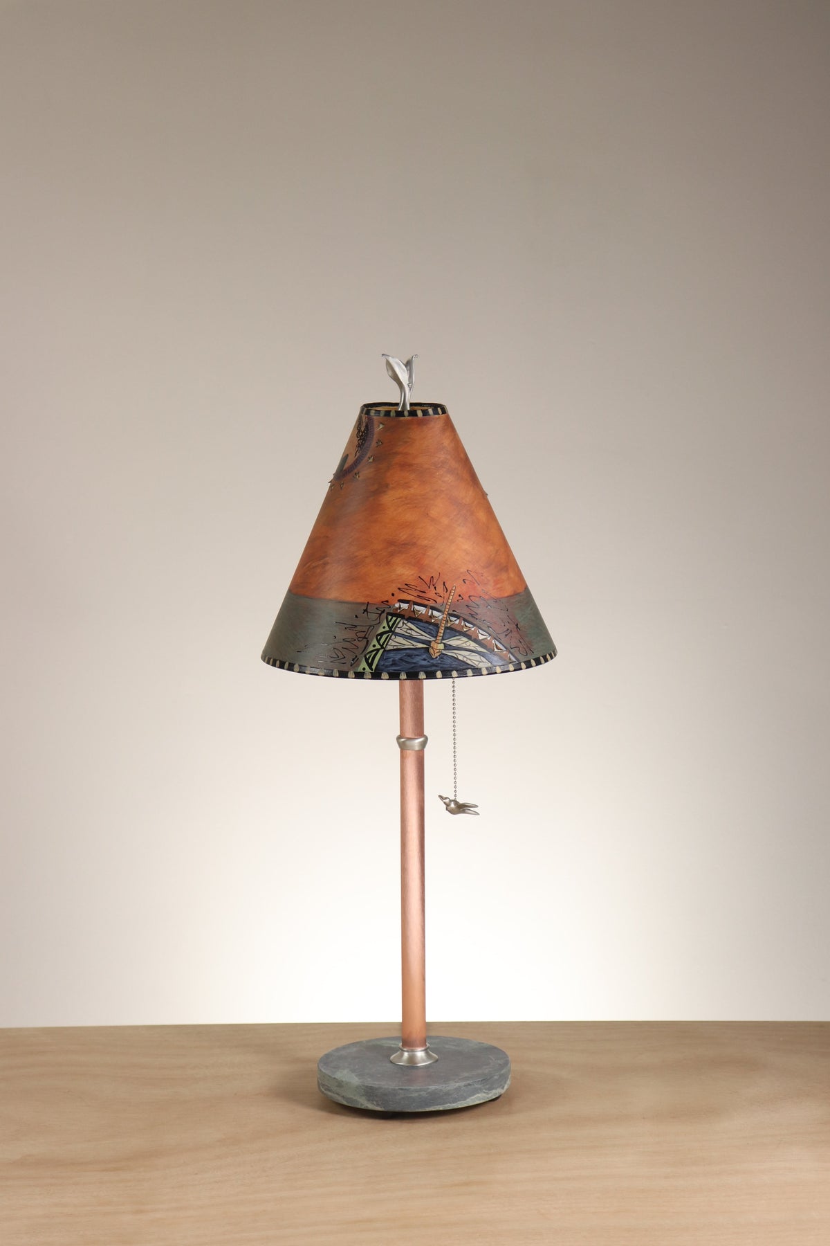 Janna Ugone &amp; Co Table Lamp Copper Table Lamp with Small Conical Shade in Inset Paintings in Rust