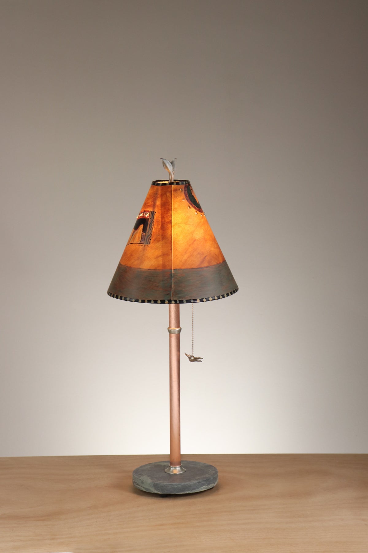 Janna Ugone &amp; Co Table Lamp Copper Table Lamp with Small Conical Shade in Inset Paintings in Rust