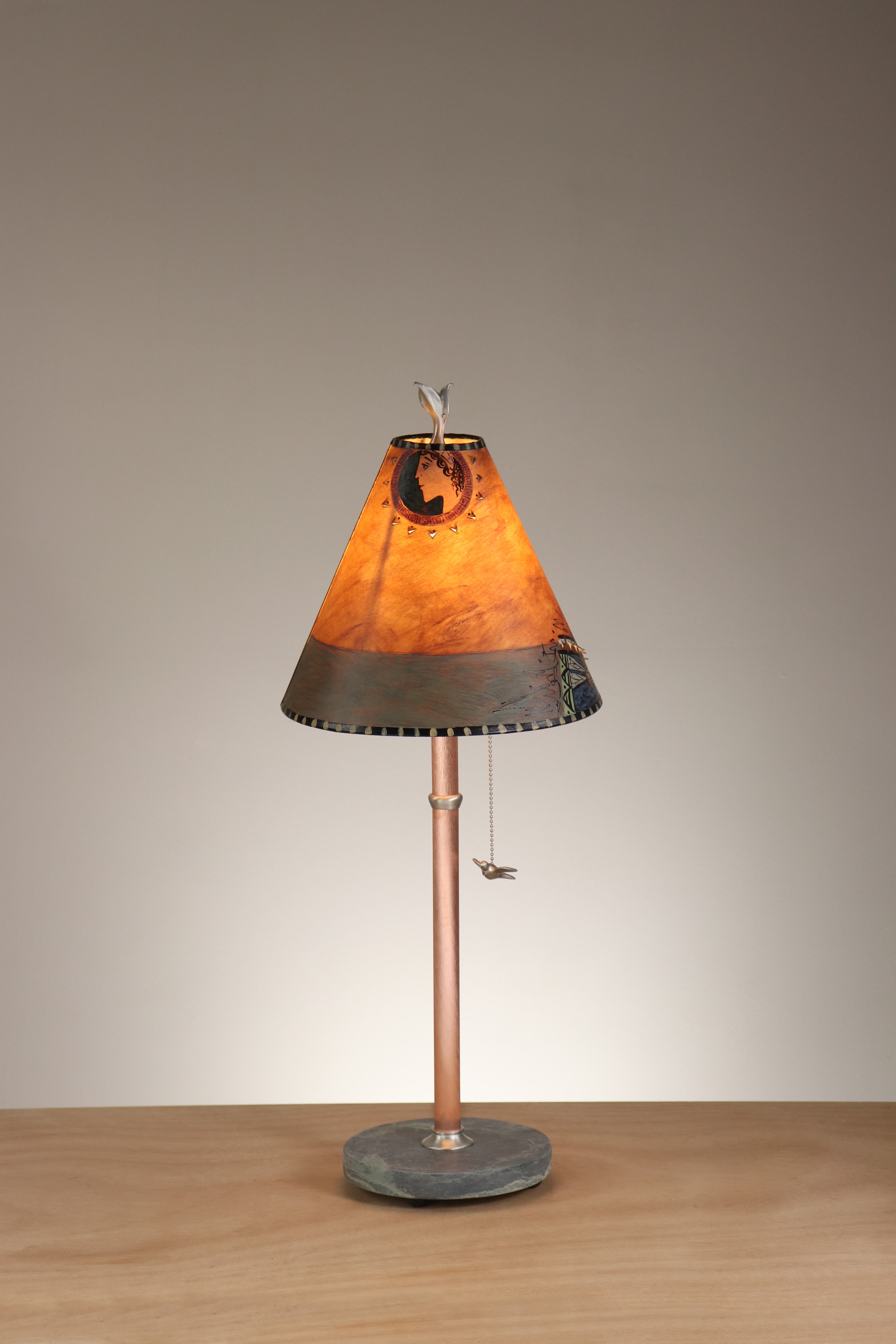 Copper Table Lamp with Small Conical Shade in Inset Paintings in