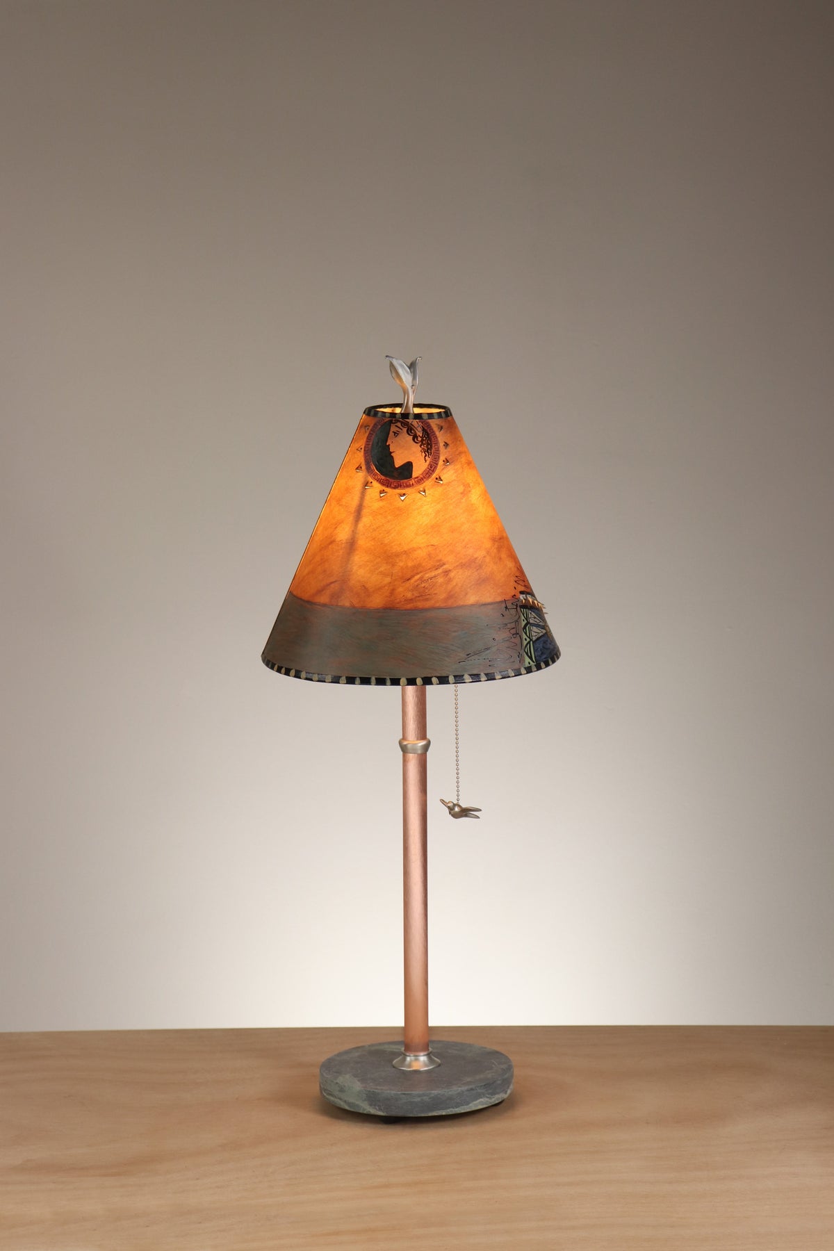 Janna Ugone &amp; Co Table Lamp Copper Table Lamp with Small Conical Shade in Inset Paintings in Rust