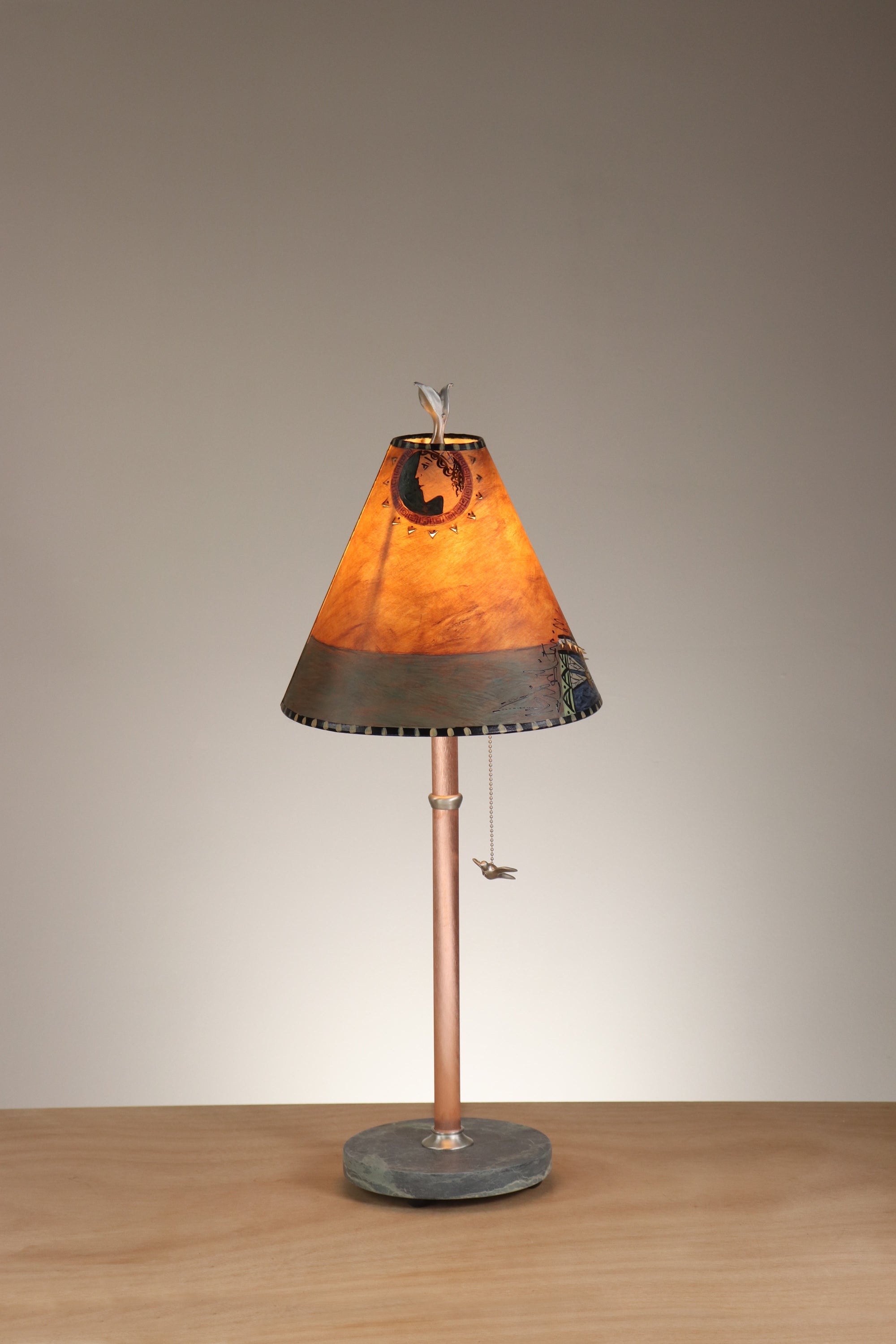 Janna Ugone & Co Table Lamp Copper Table Lamp with Small Conical Shade in Inset Paintings in Rust