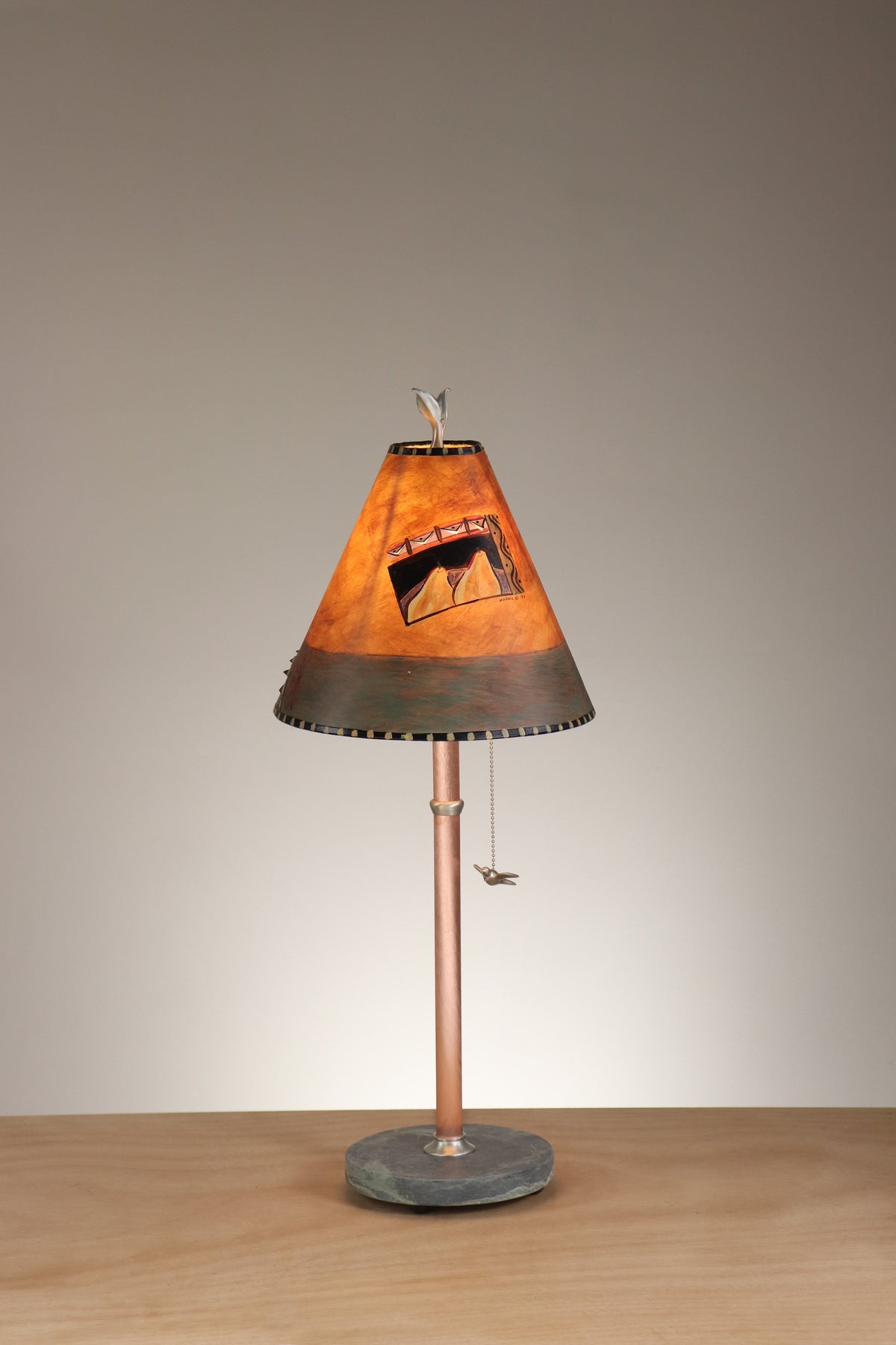 Janna Ugone &amp; Co Table Lamp Copper Table Lamp with Small Conical Shade in Inset Paintings in Rust