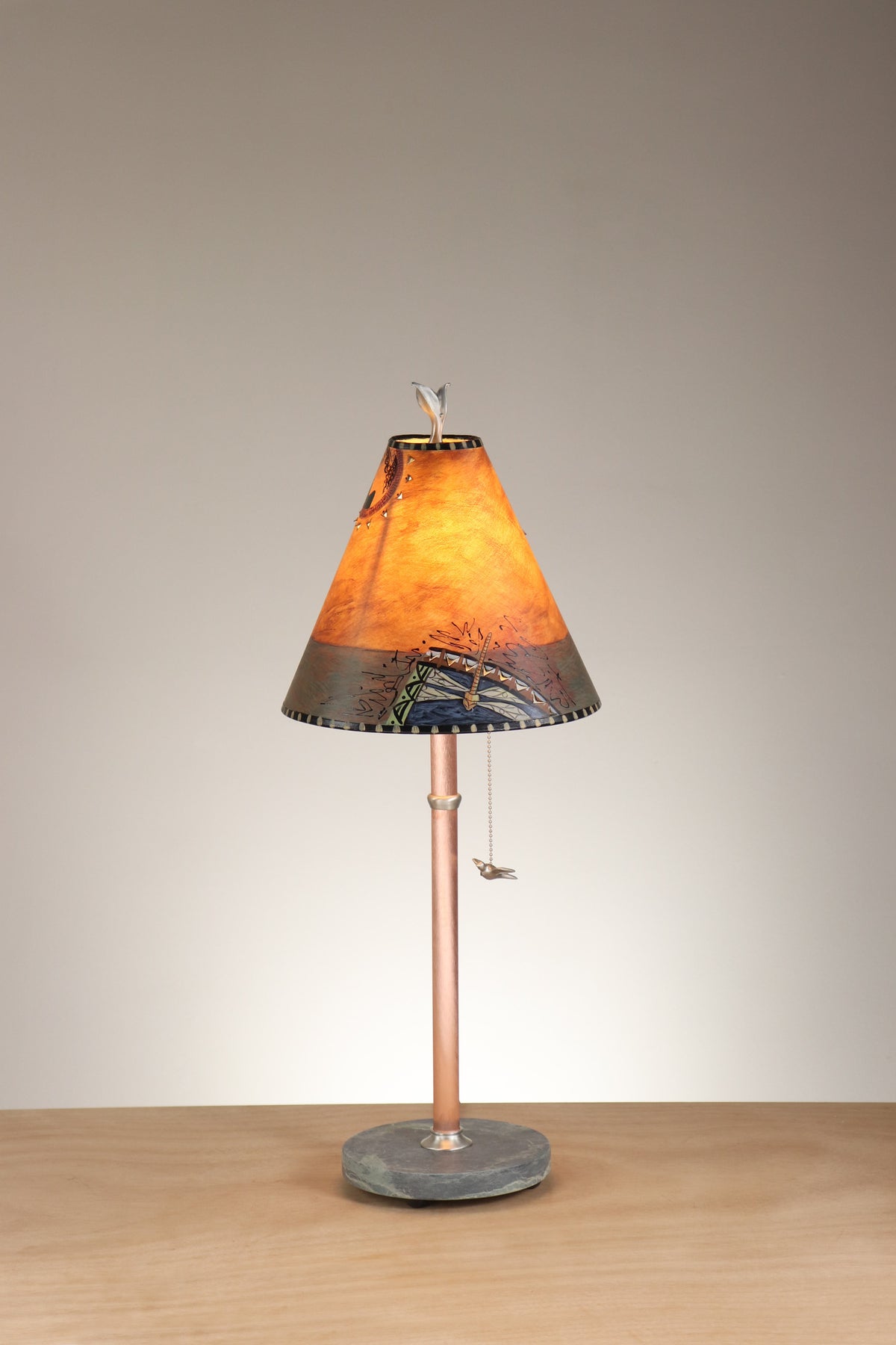 Janna Ugone &amp; Co Table Lamp Copper Table Lamp with Small Conical Shade in Inset Paintings in Rust