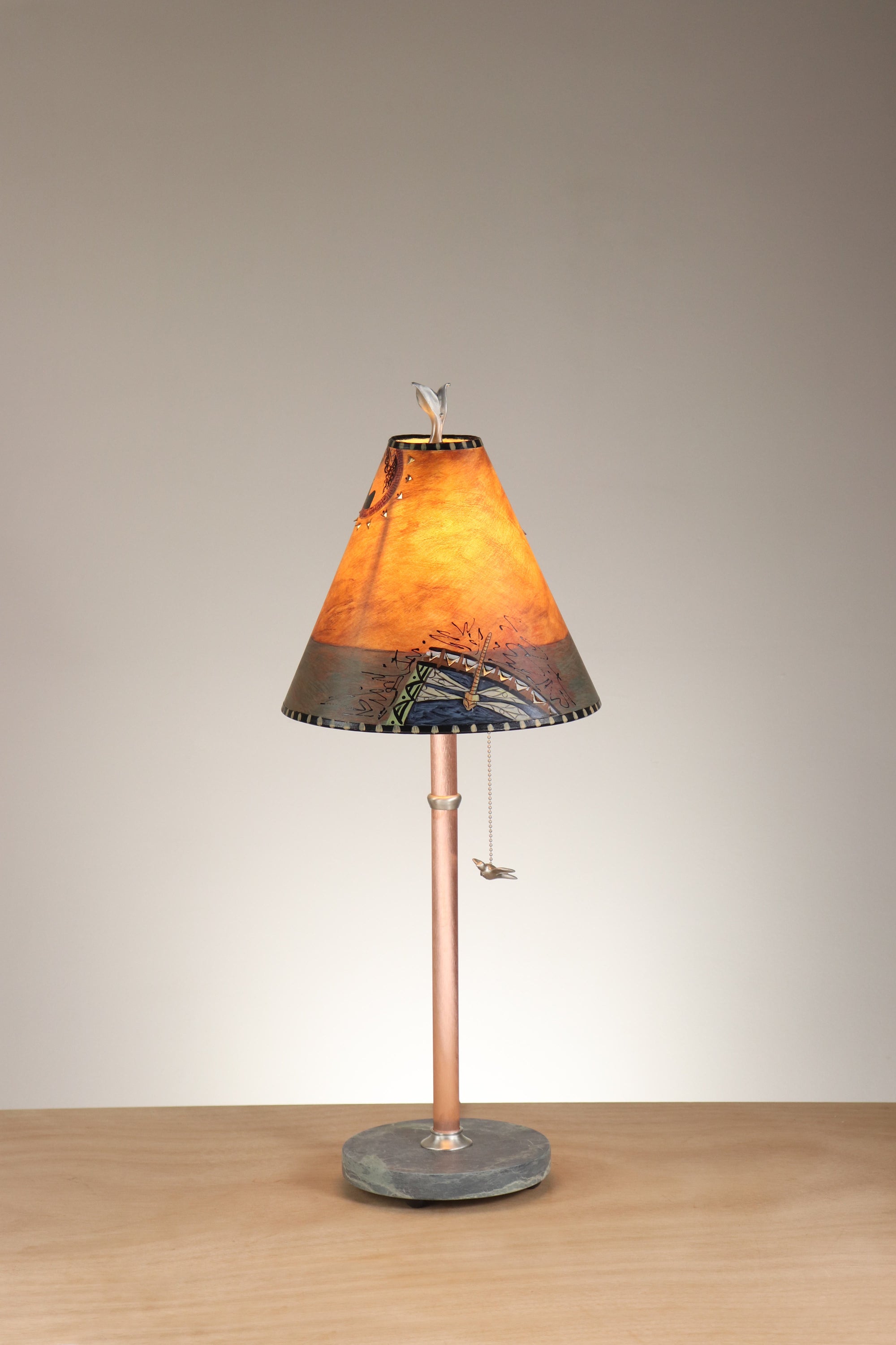 Janna Ugone & Co Table Lamp Copper Table Lamp with Small Conical Shade in Inset Paintings in Rust