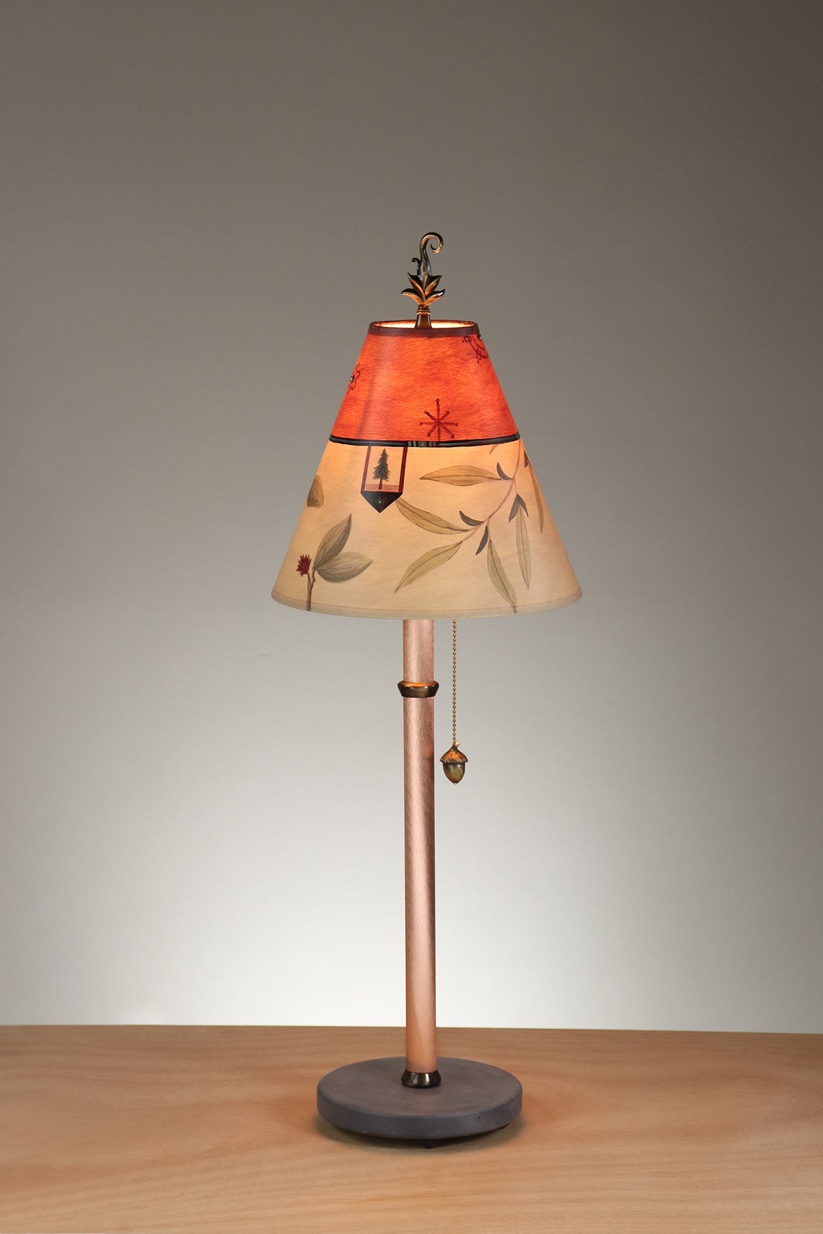 Janna Ugone &amp; Co Table Lamp Copper Table Lamp with Small Conical Shade in Mixed Leaves in Buff and Bordeaux