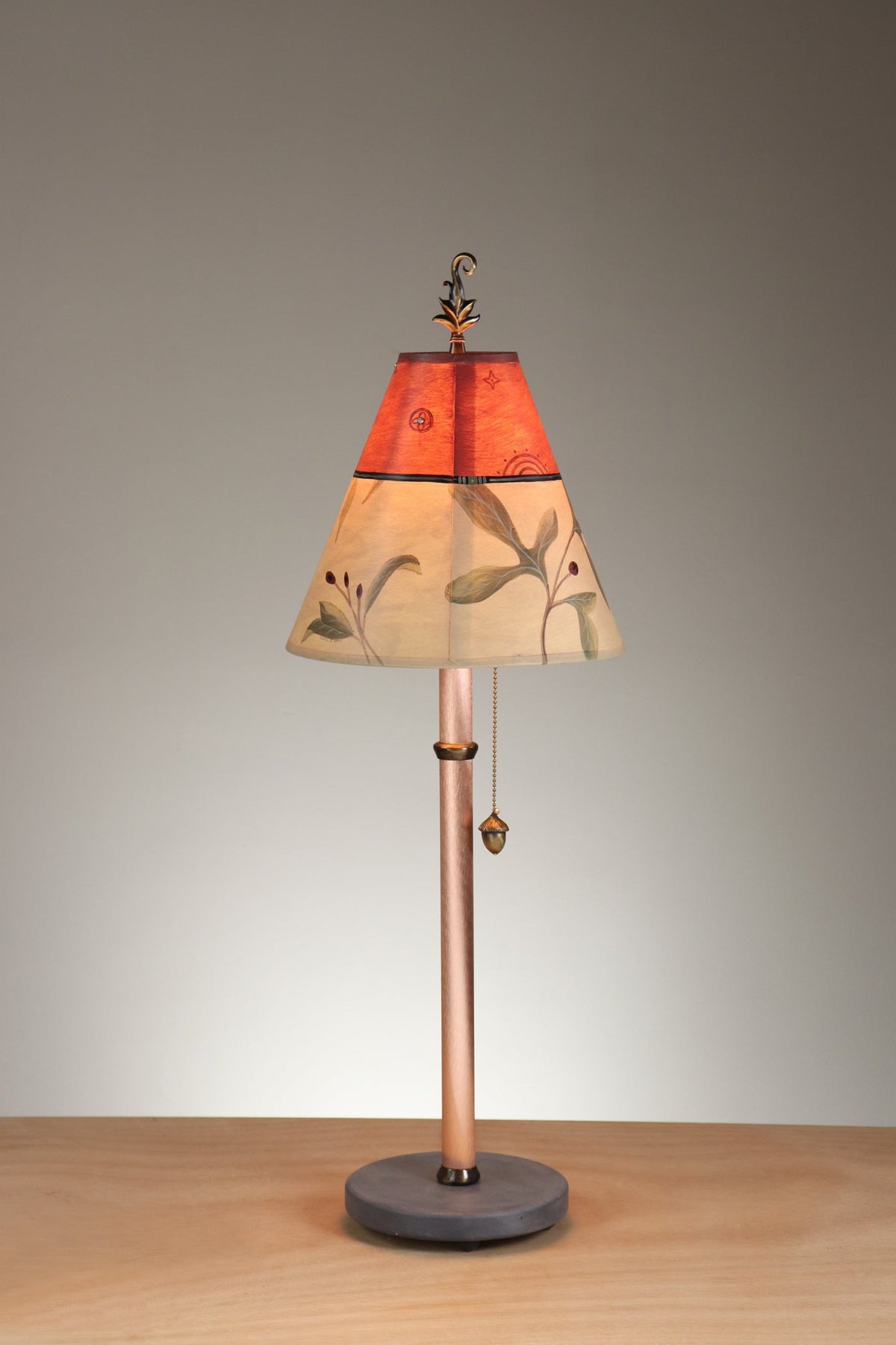 Janna Ugone &amp; Co Table Lamp Copper Table Lamp with Small Conical Shade in Mixed Leaves in Buff and Bordeaux