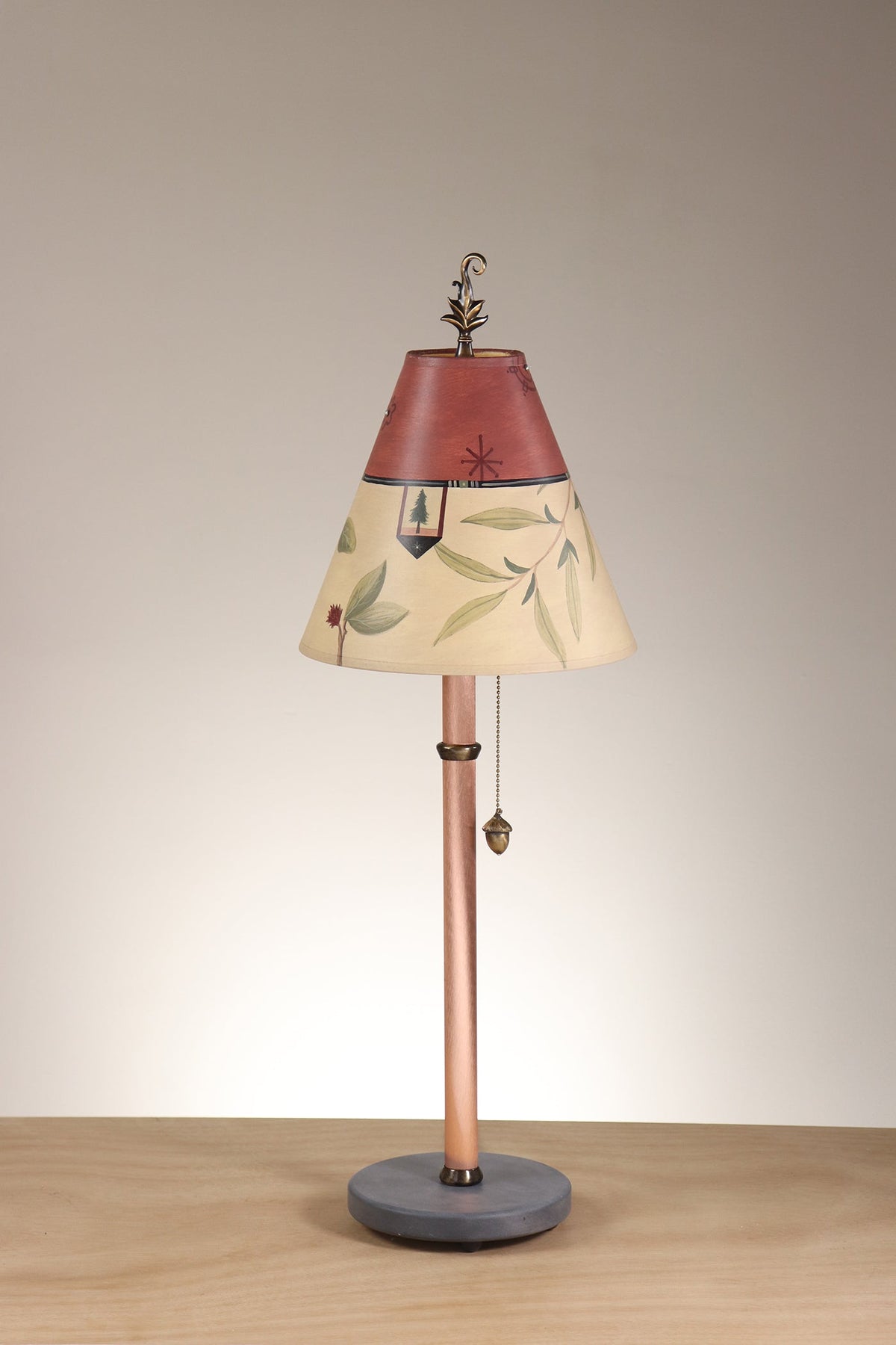 Janna Ugone &amp; Co Table Lamp Copper Table Lamp with Small Conical Shade in Mixed Leaves in Buff and Bordeaux