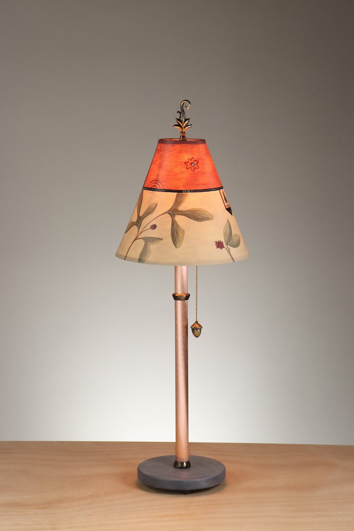 Janna Ugone &amp; Co Table Lamp Copper Table Lamp with Small Conical Shade in Mixed Leaves in Buff and Bordeaux