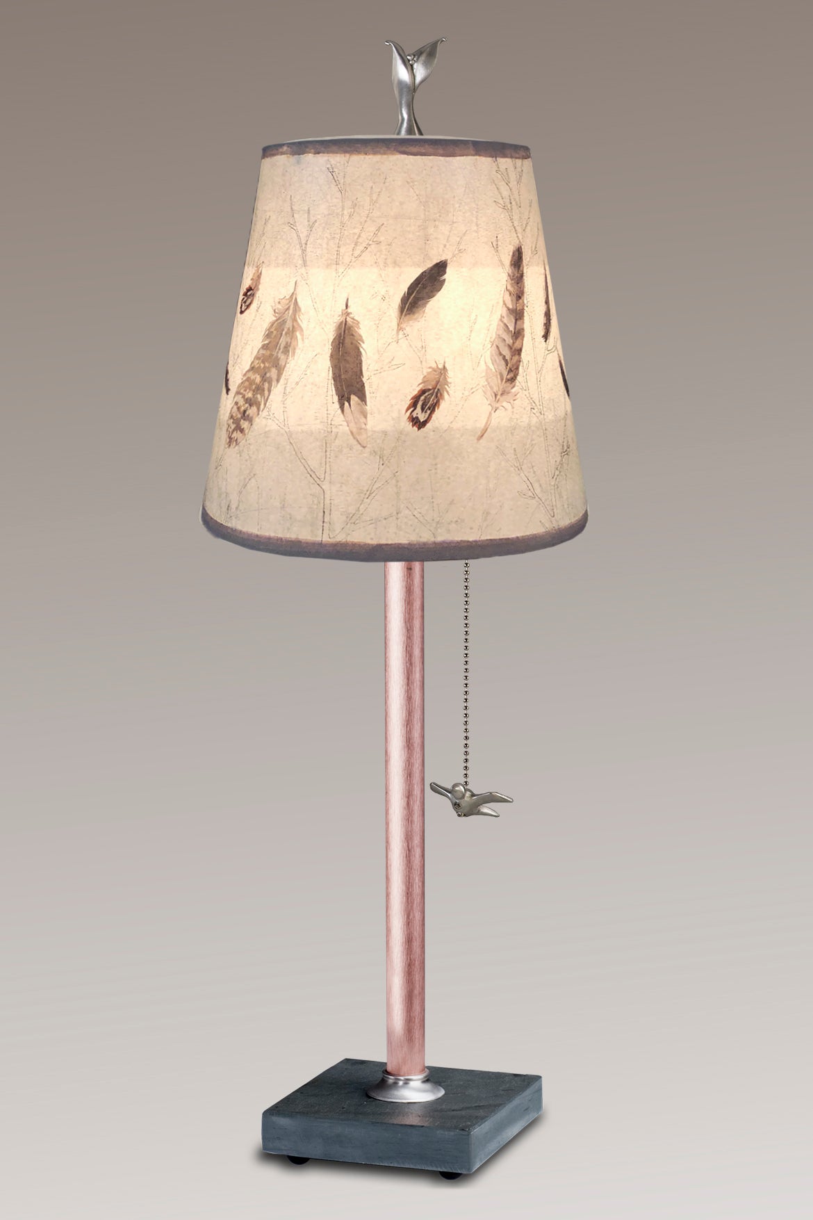 Copper Table Lamp with Small Drum in Feathers in Pebble
