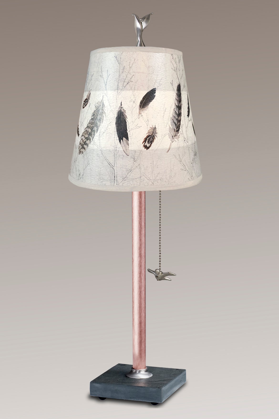 Copper Table Lamp with Small Drum in Feathers in Pebble