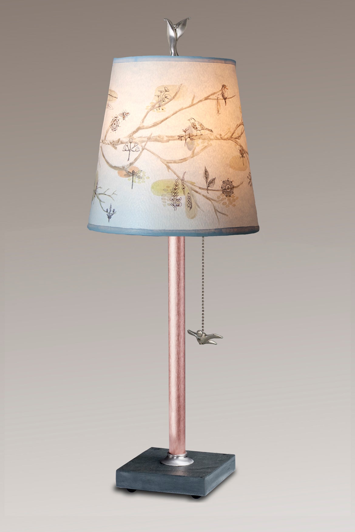 Copper Table Lamp with Small Drum Shade in Artful Branch