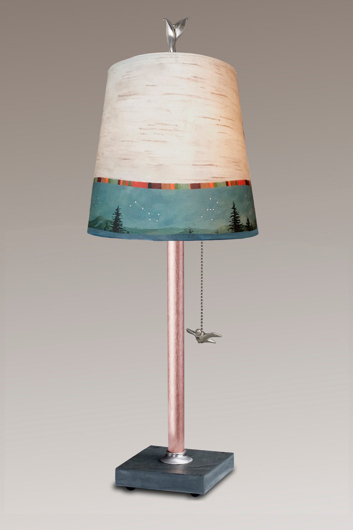 Copper Table Lamp with Small Drum Shade in Birch Midnight