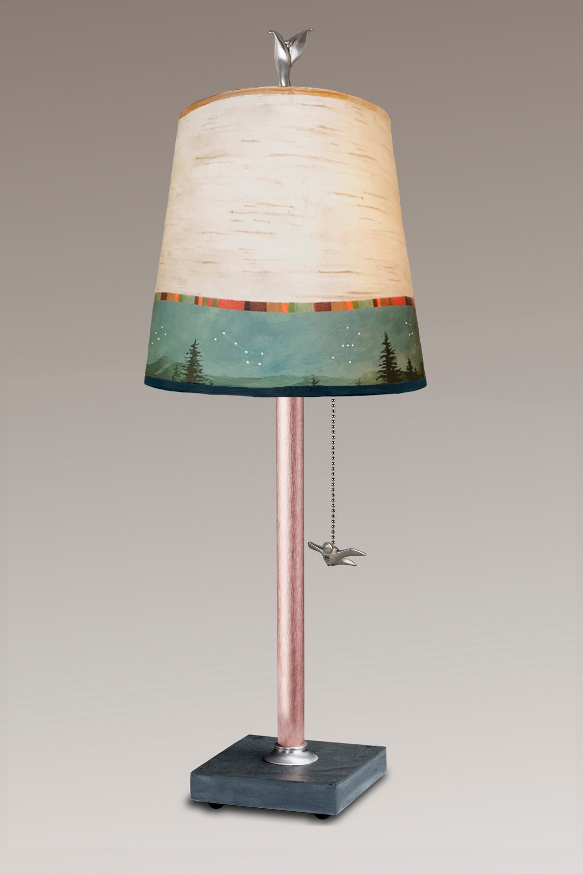 Copper Table Lamp with Small Drum Shade in Birch Midnight