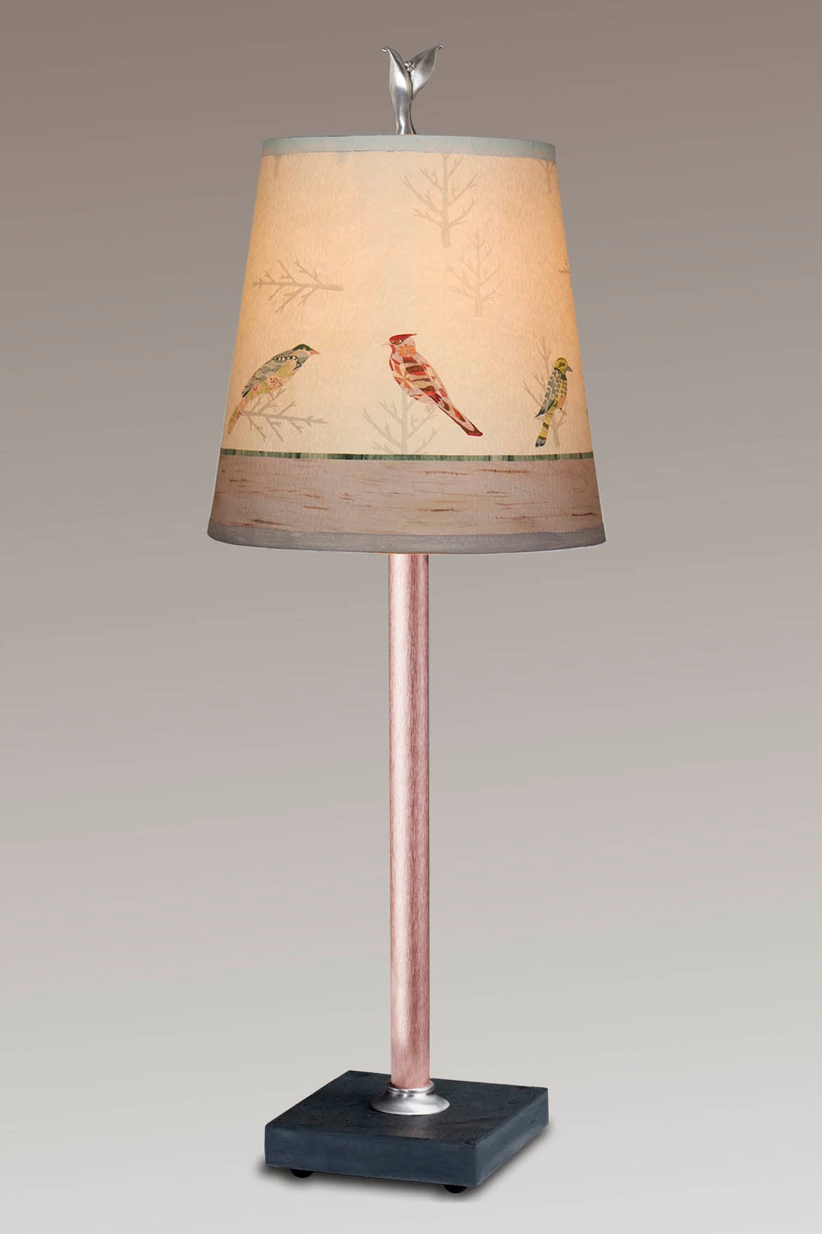 Janna Ugone &amp; Co Table Lamp Copper Table Lamp with Small Drum Shade in Bird Friends
