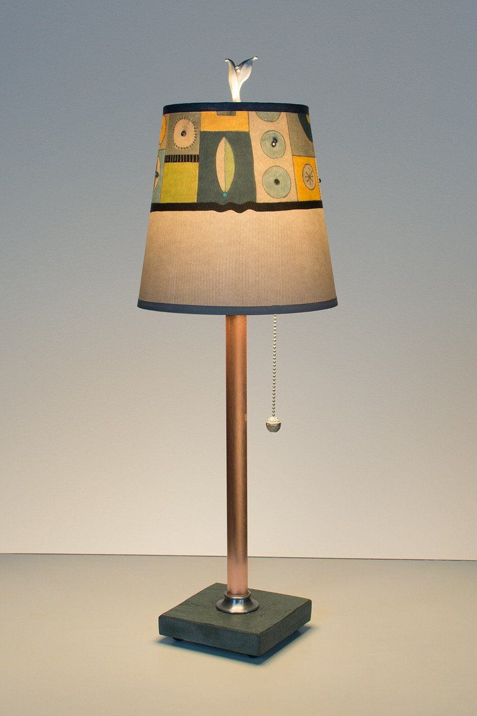 Copper Table Lamp  on Vermont Slate Base with Small Drum Shade in Lucky Mosaic Oyster Lit