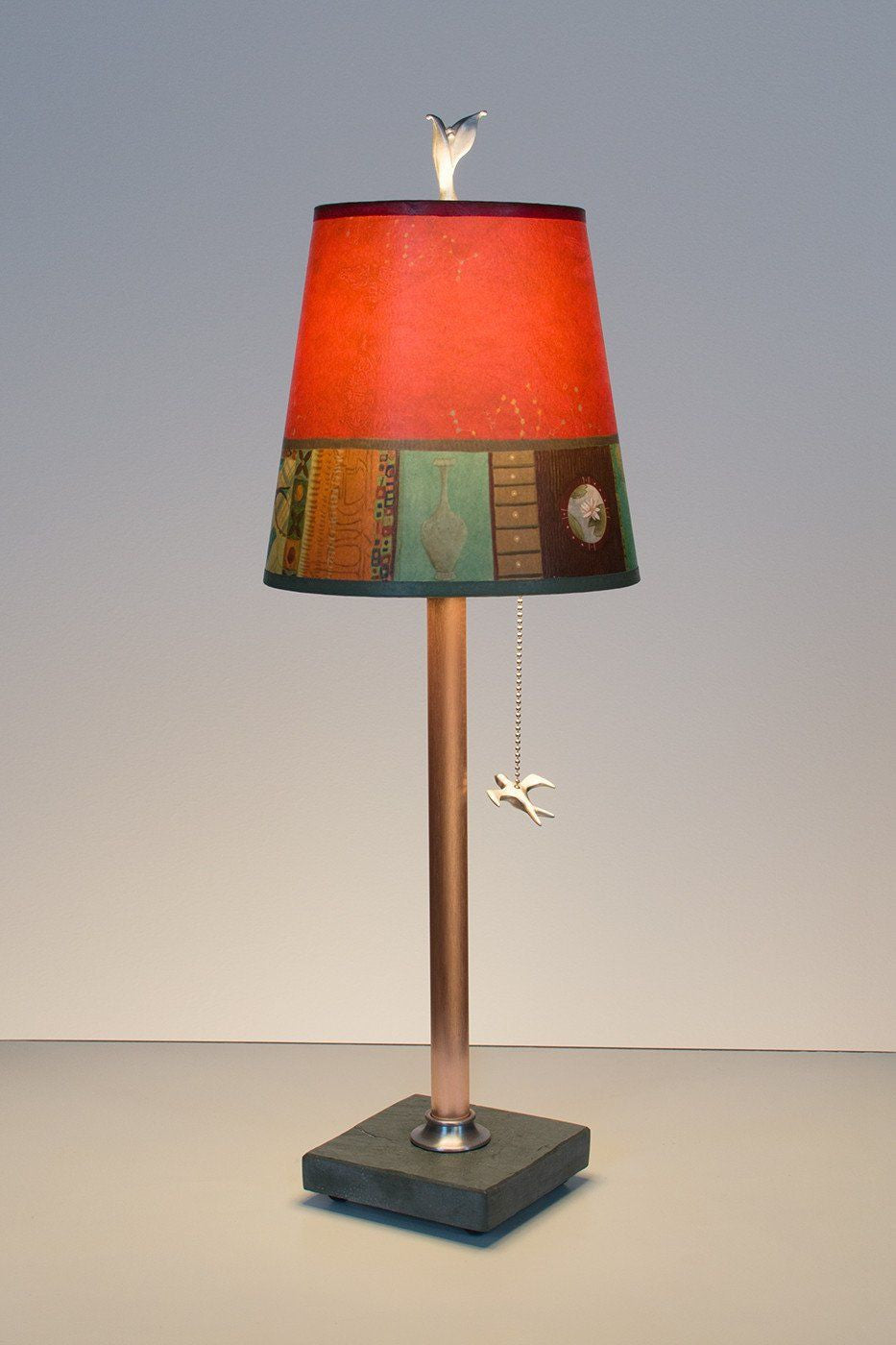 Copper Table Lamp on Vermont Slate Base with Small Drum Shade in Red Match Lit