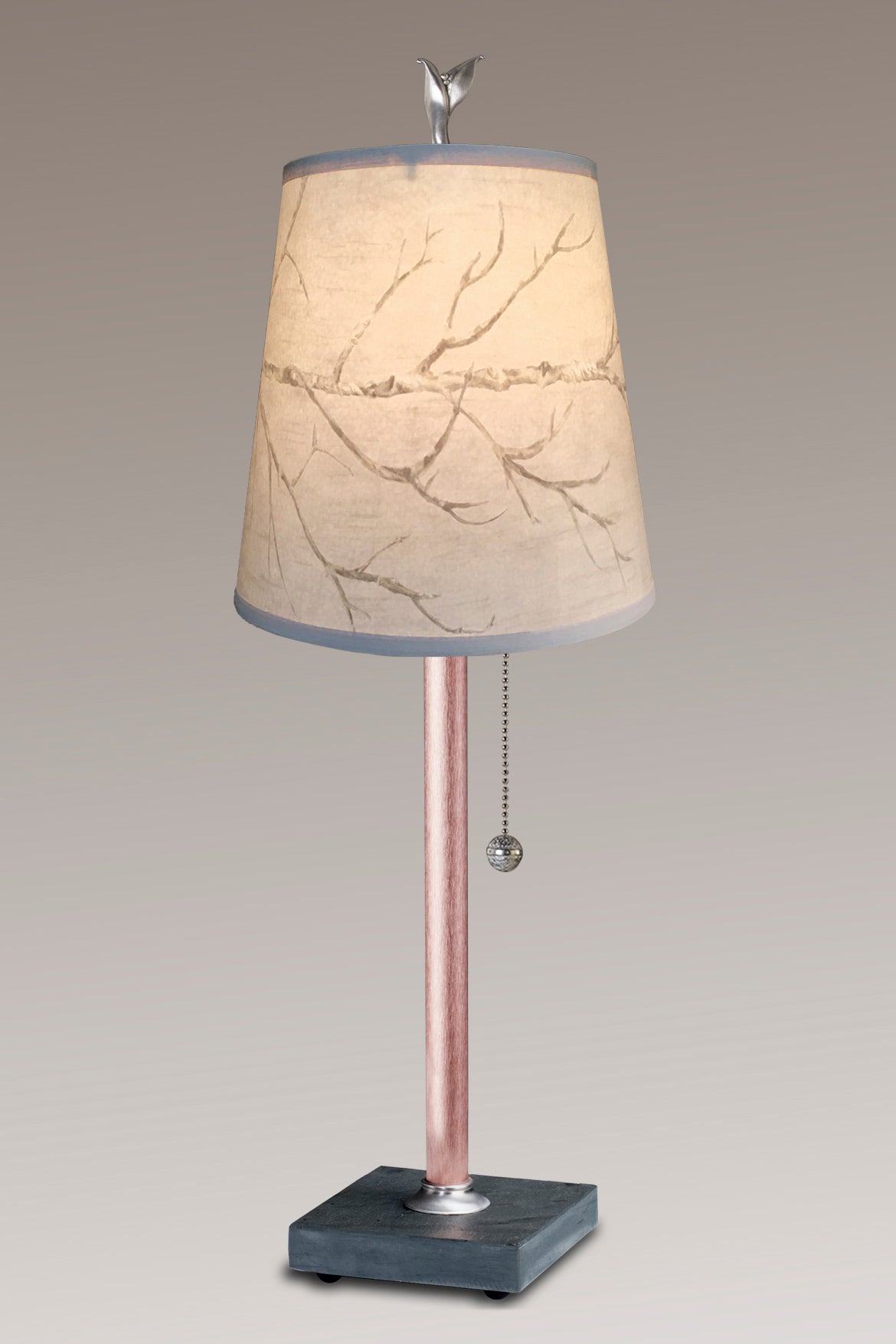Copper Table Lamp with Small Drum Shade in Sweeping Branch