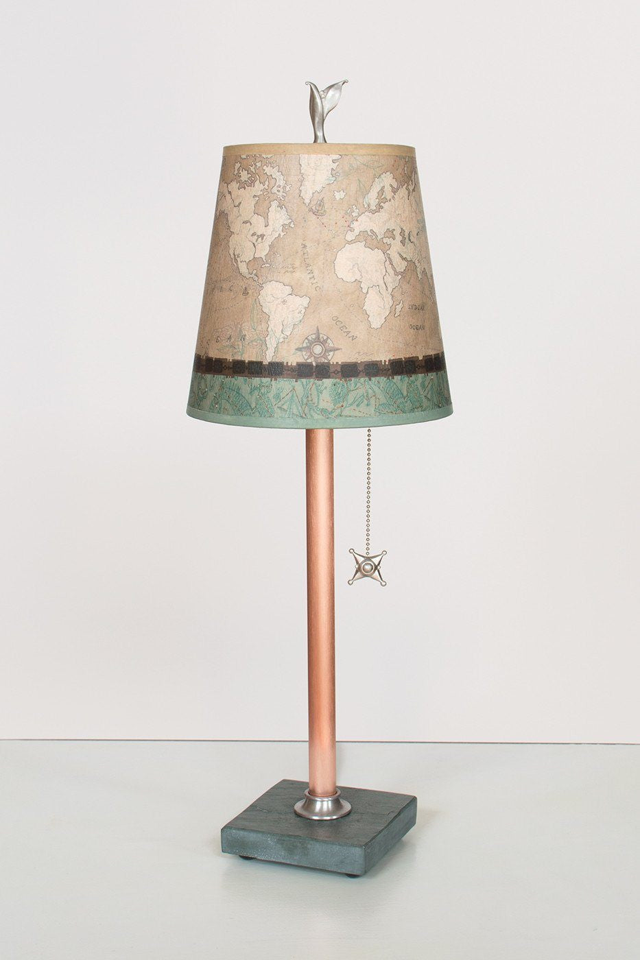 Copper Table Lamp on Vermont Slate Base with Small Drum Shade in Sand Map Lit
